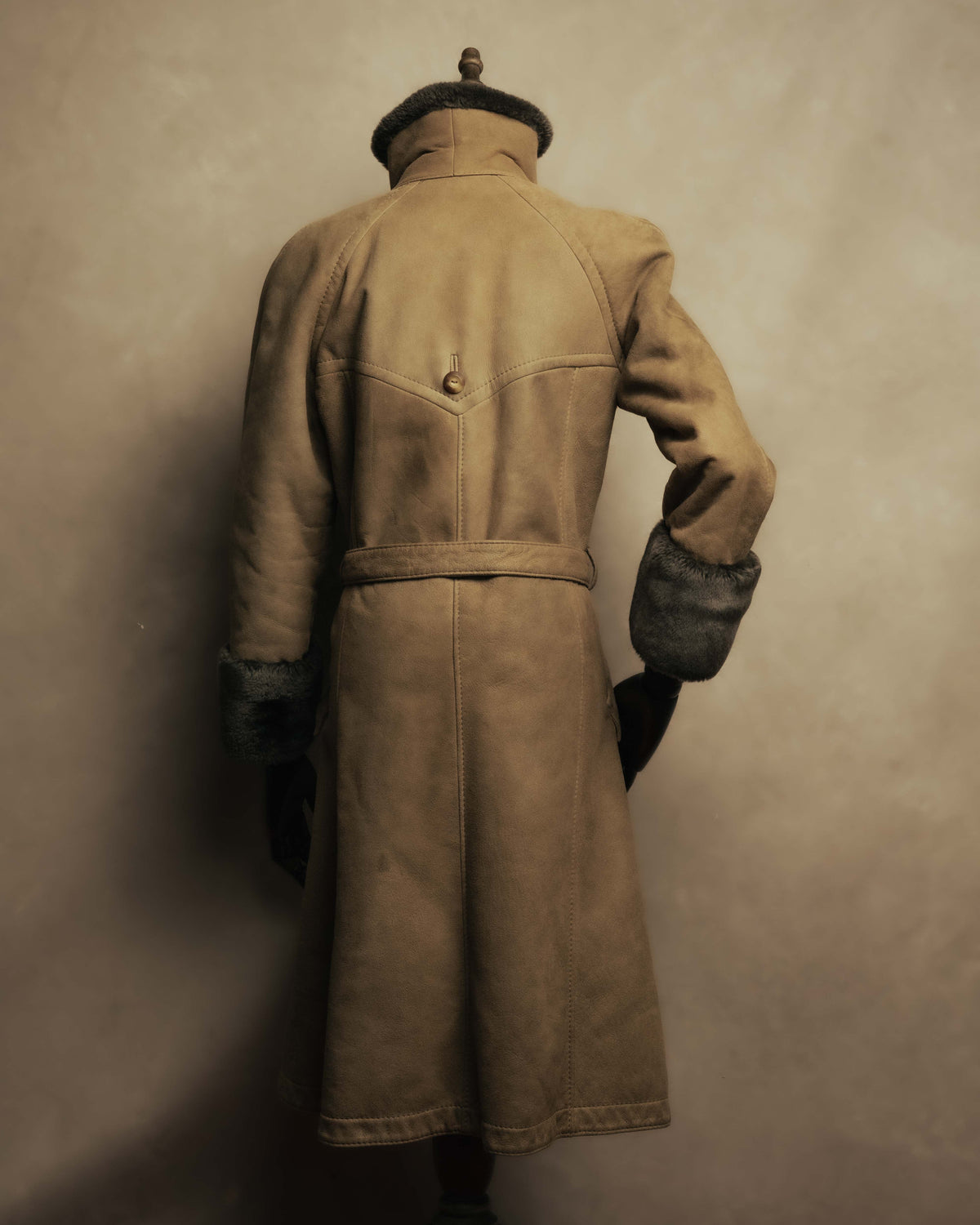 “LOEWE” 70’s-early 90’s Suede shearling belted long coat