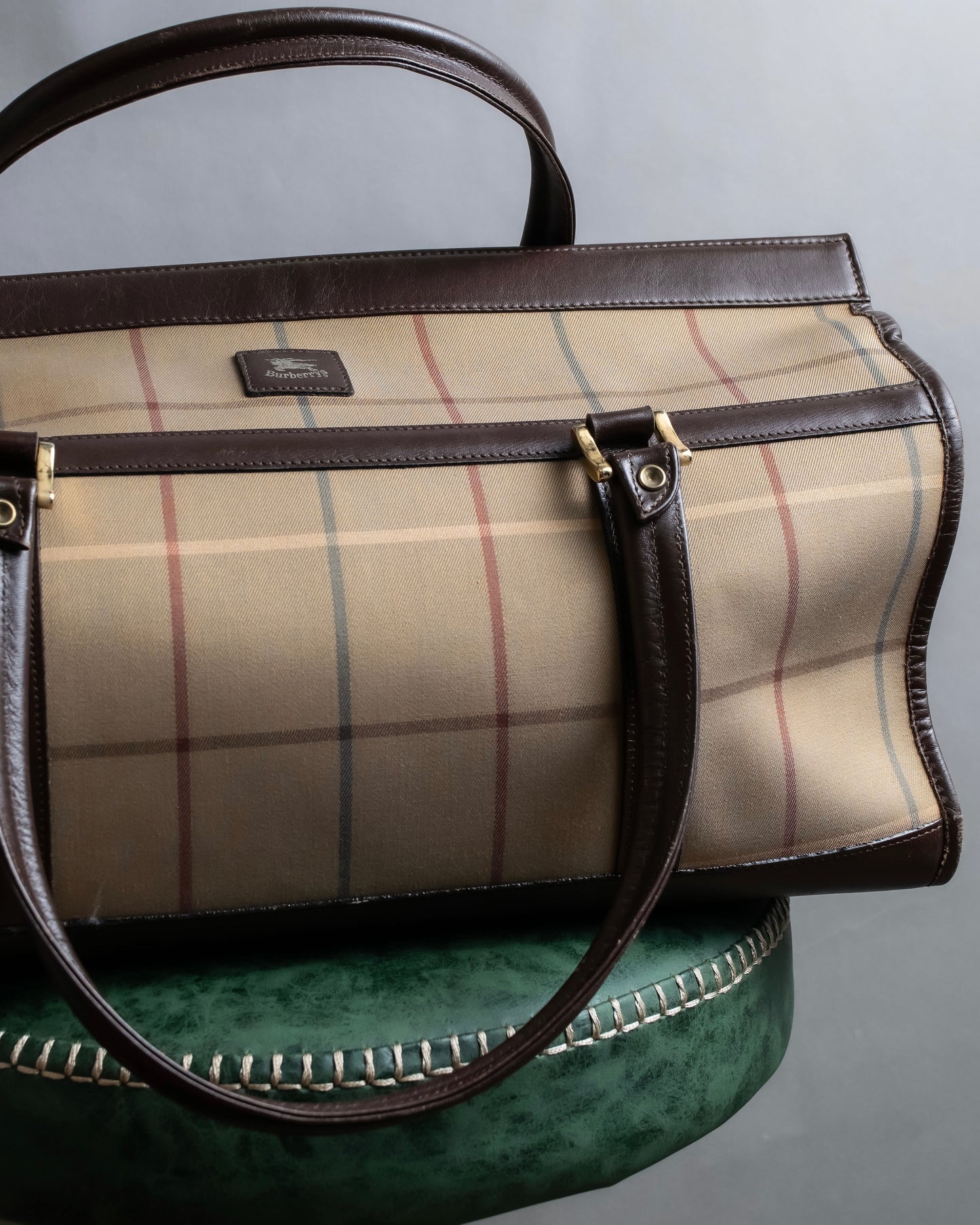 "BURBERRYS" Multi color check pattern canvas leather combination boston bag