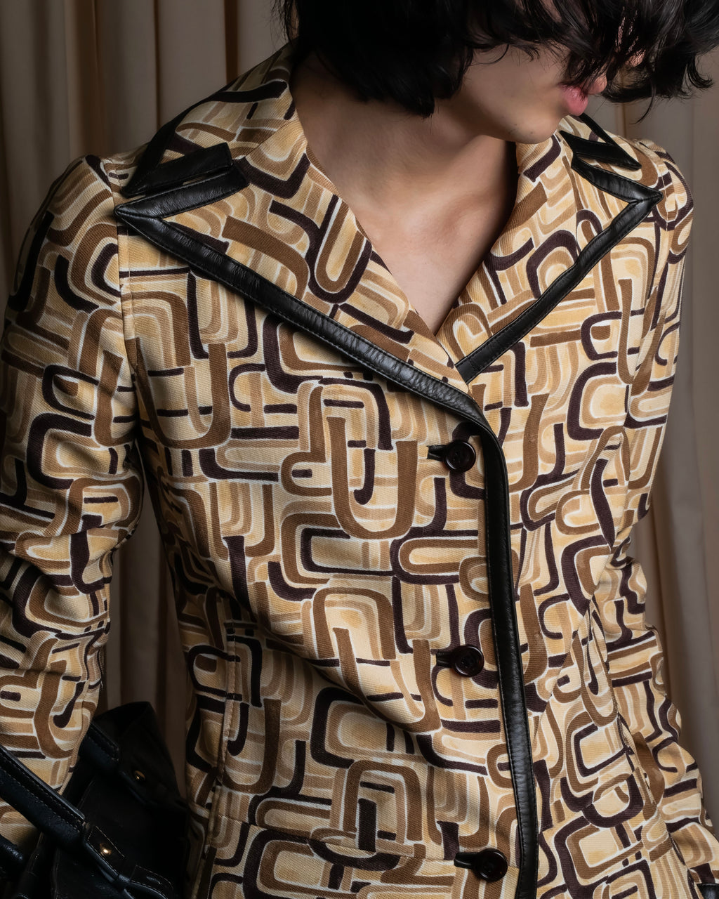 "PRADA" 1996fall Geometric pattern leather trim design mid length coat
