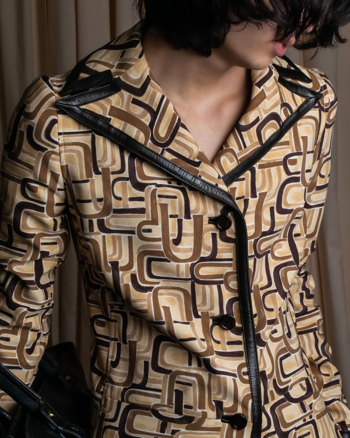 "PRADA" 1996fall Geometric pattern leather trim design mid length coat