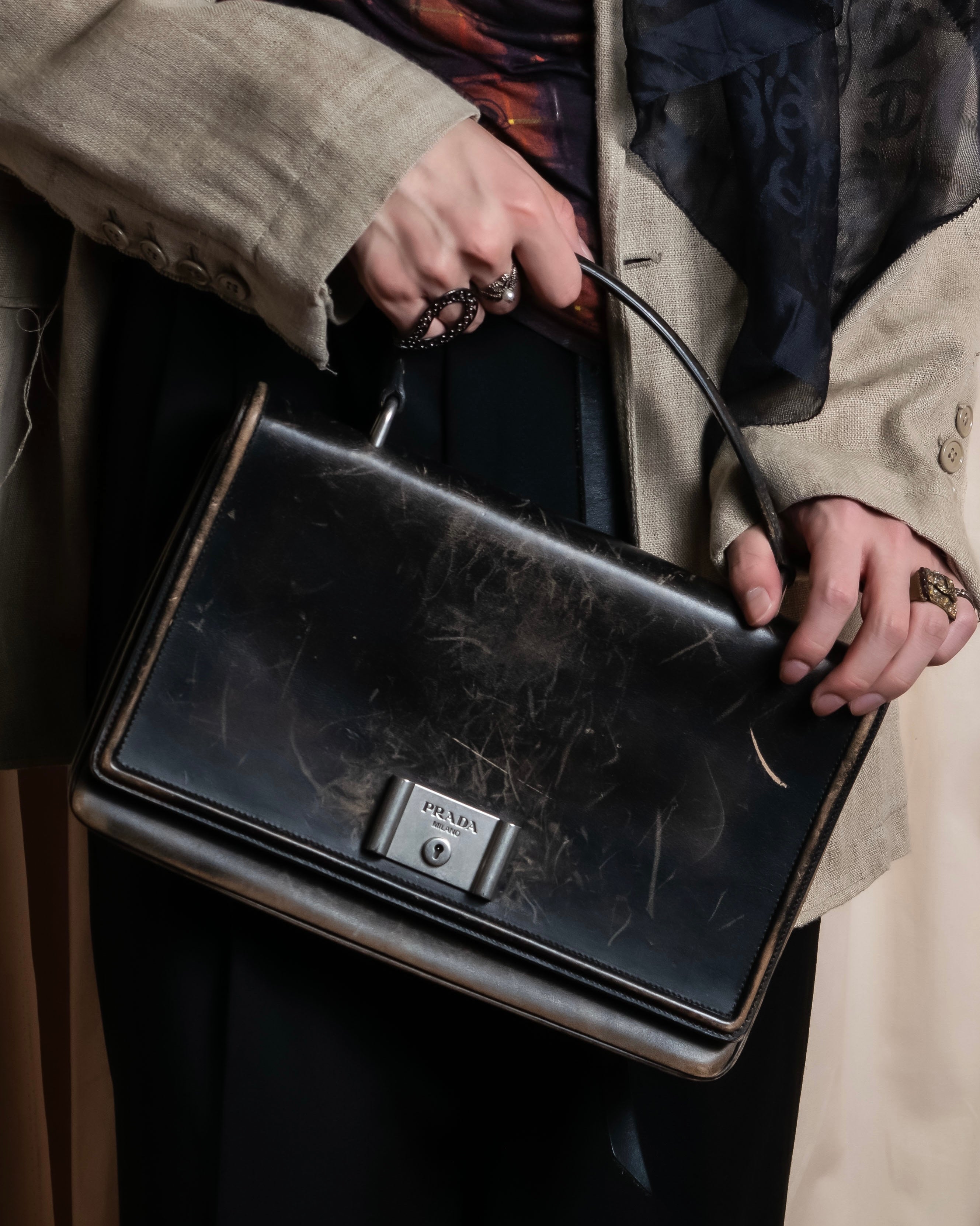 "PRADA" Aged metal parts design leather hand bag