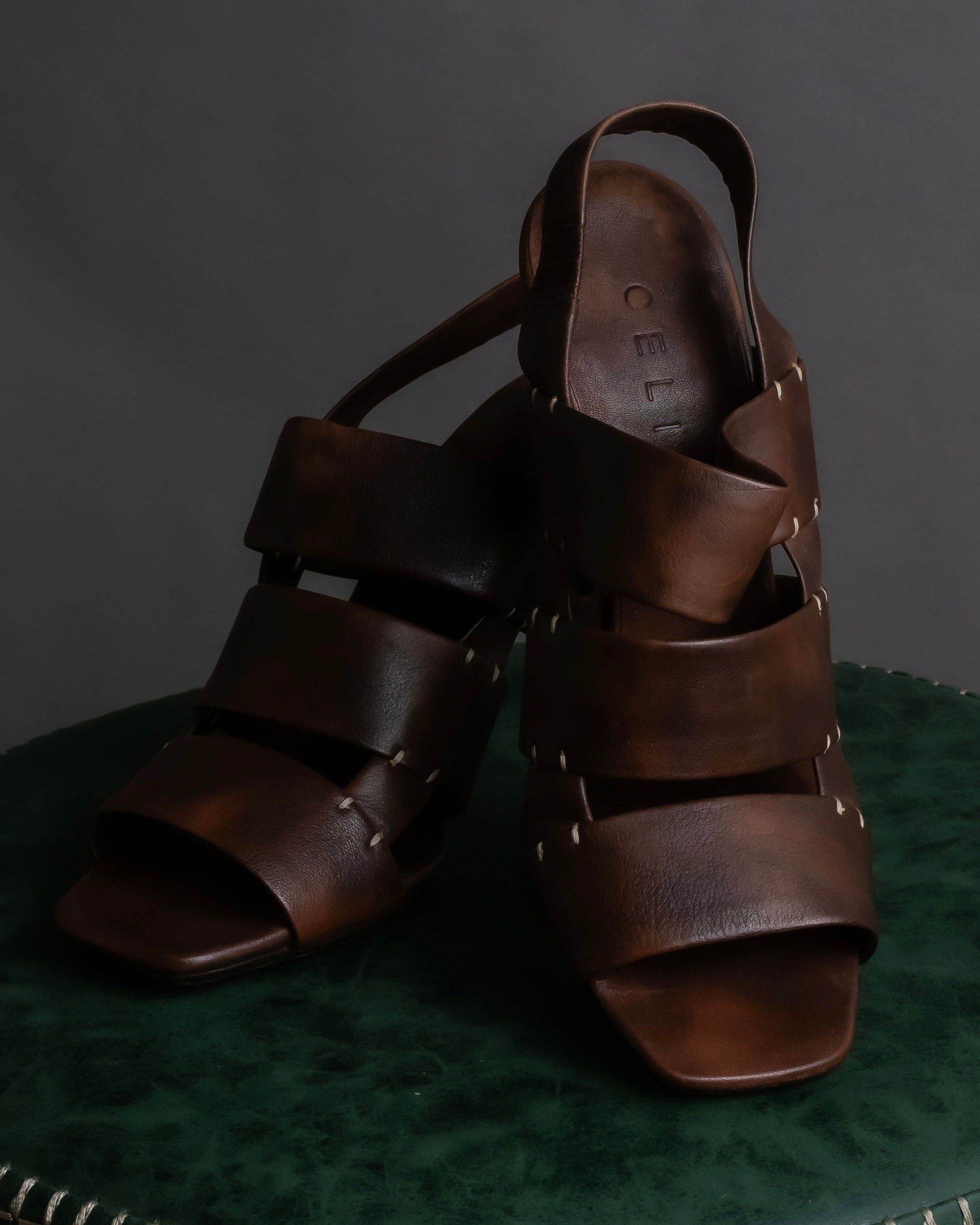 "CELINE" Layered belt detail leather heel sandals