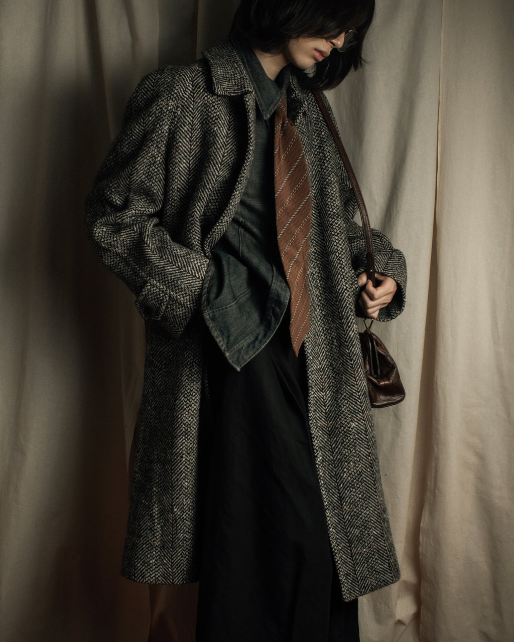 "BURBERRYS" British tweed fly front stand collar coat