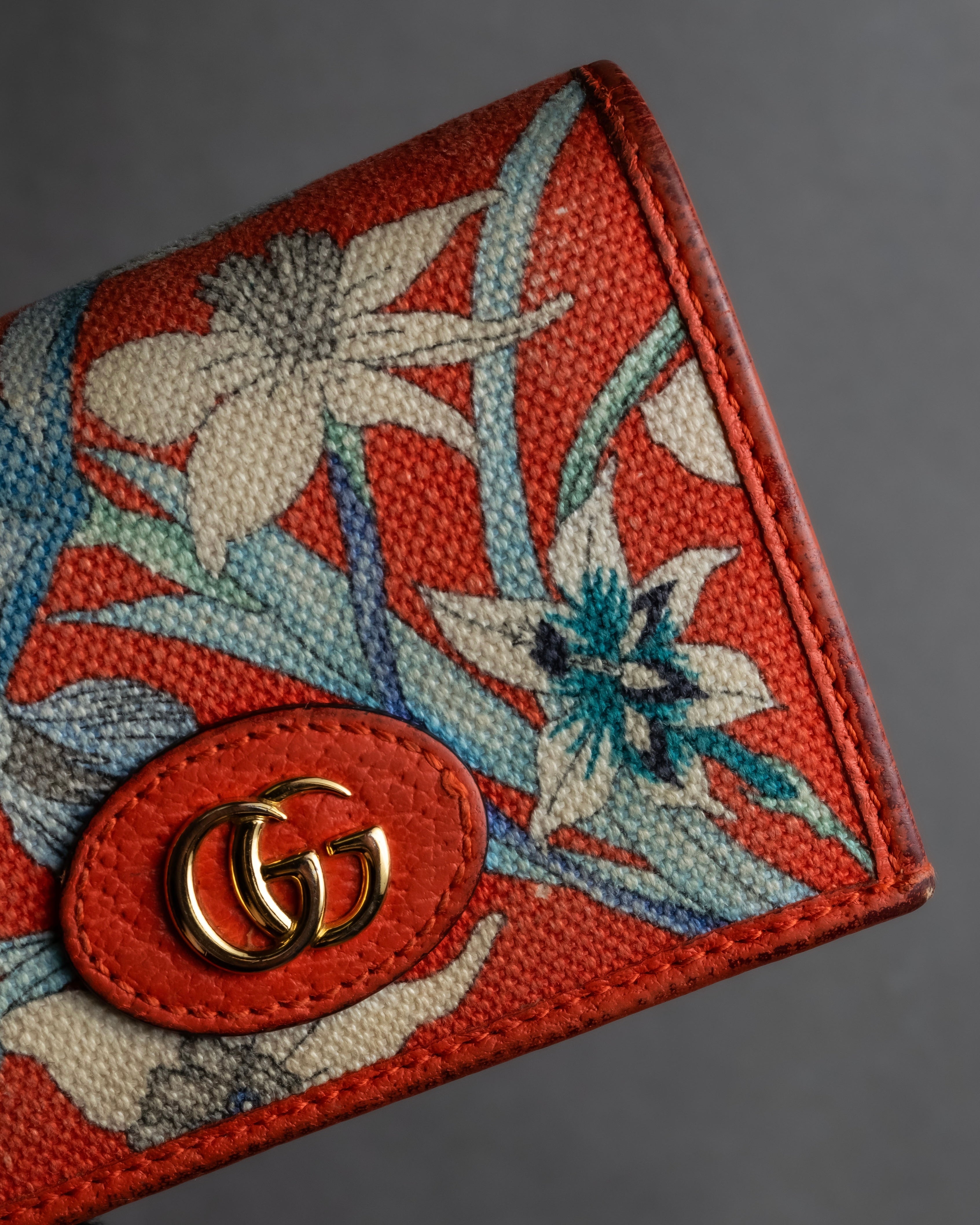 "GUCCI" Botanical pattern double G motif leather bifold wallet