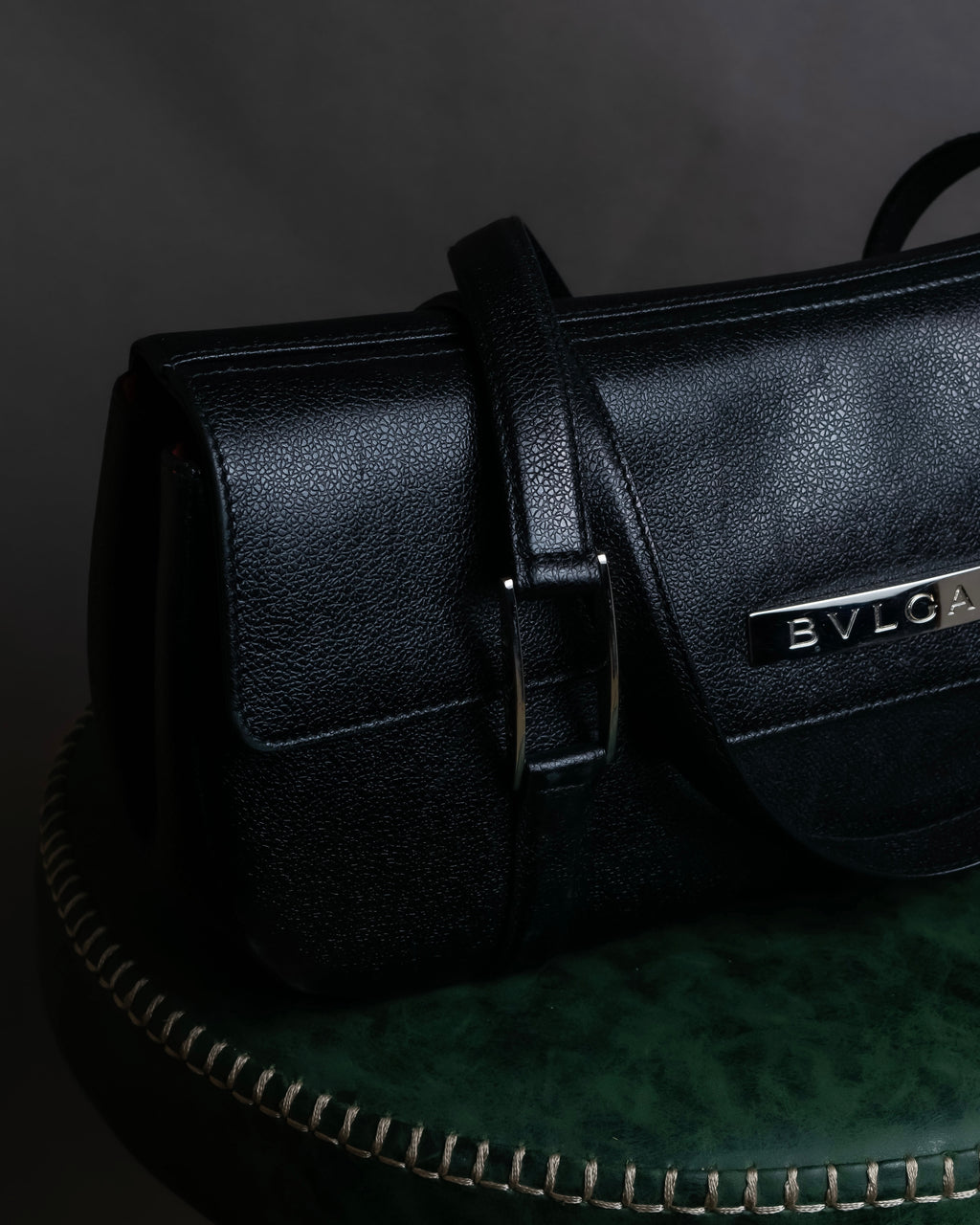 "BVLGARI" Horizontal form engraved logo leather bag