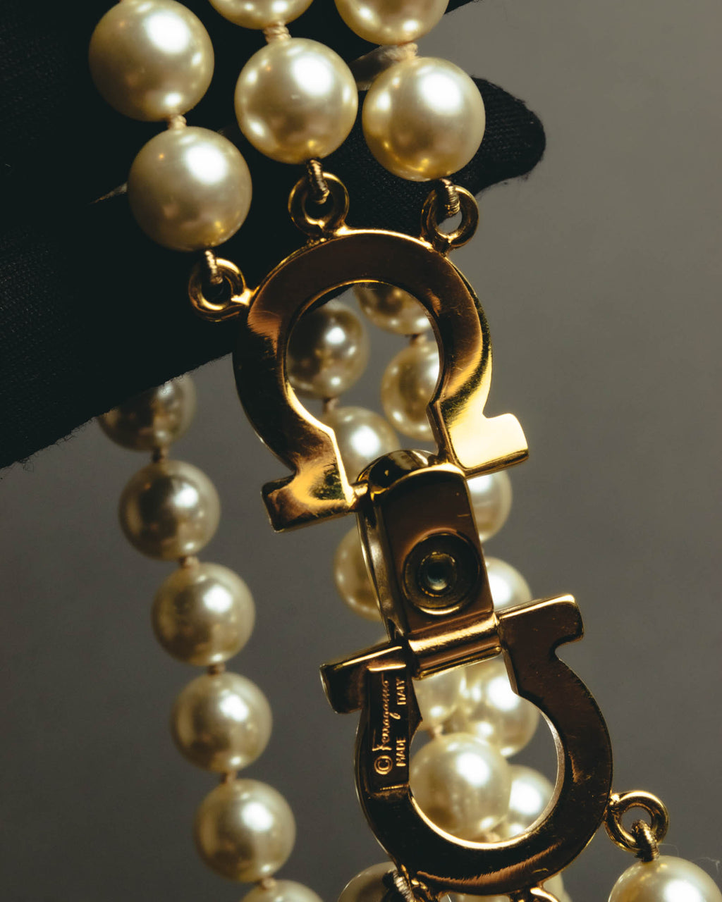 "Salvatore Ferragamo" 80's-90's Gancini three-strand pearl-style necklace