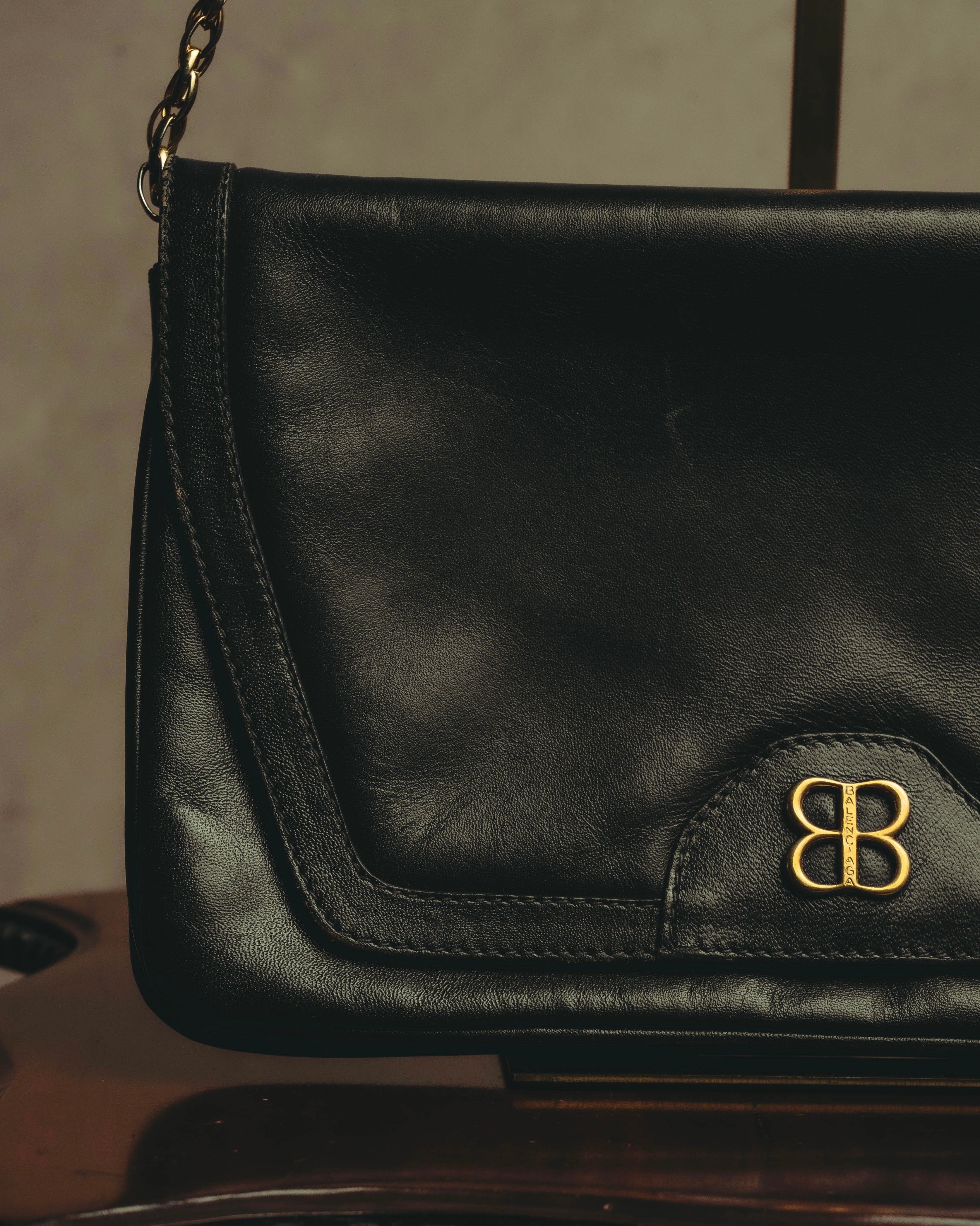 “BALENCIAGA” 80’s-early 90’s double BB leather chain shoulder bag