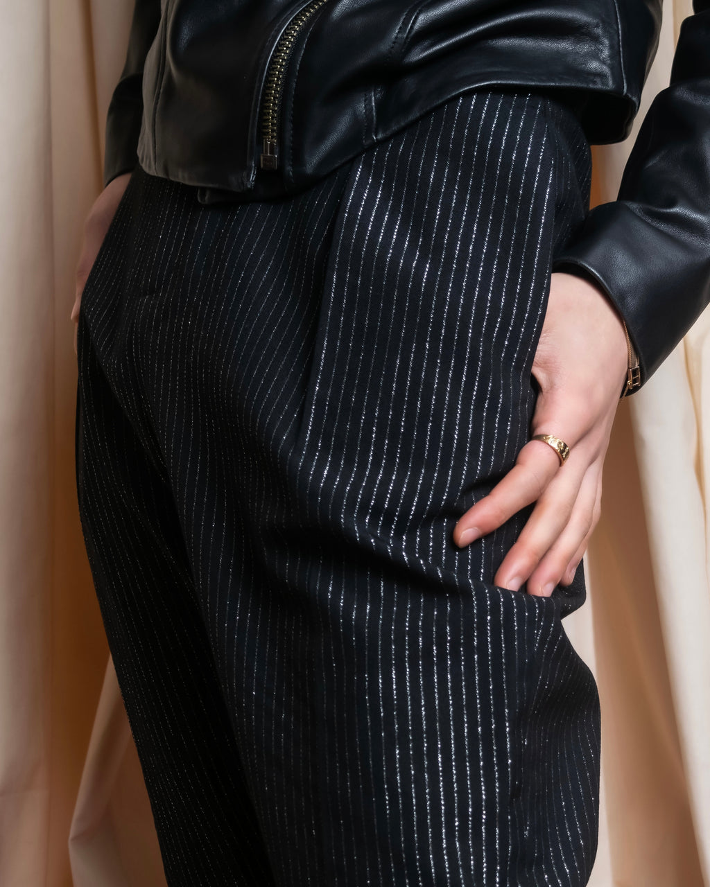 "CELINE" Shiny striped wide tapered slacks