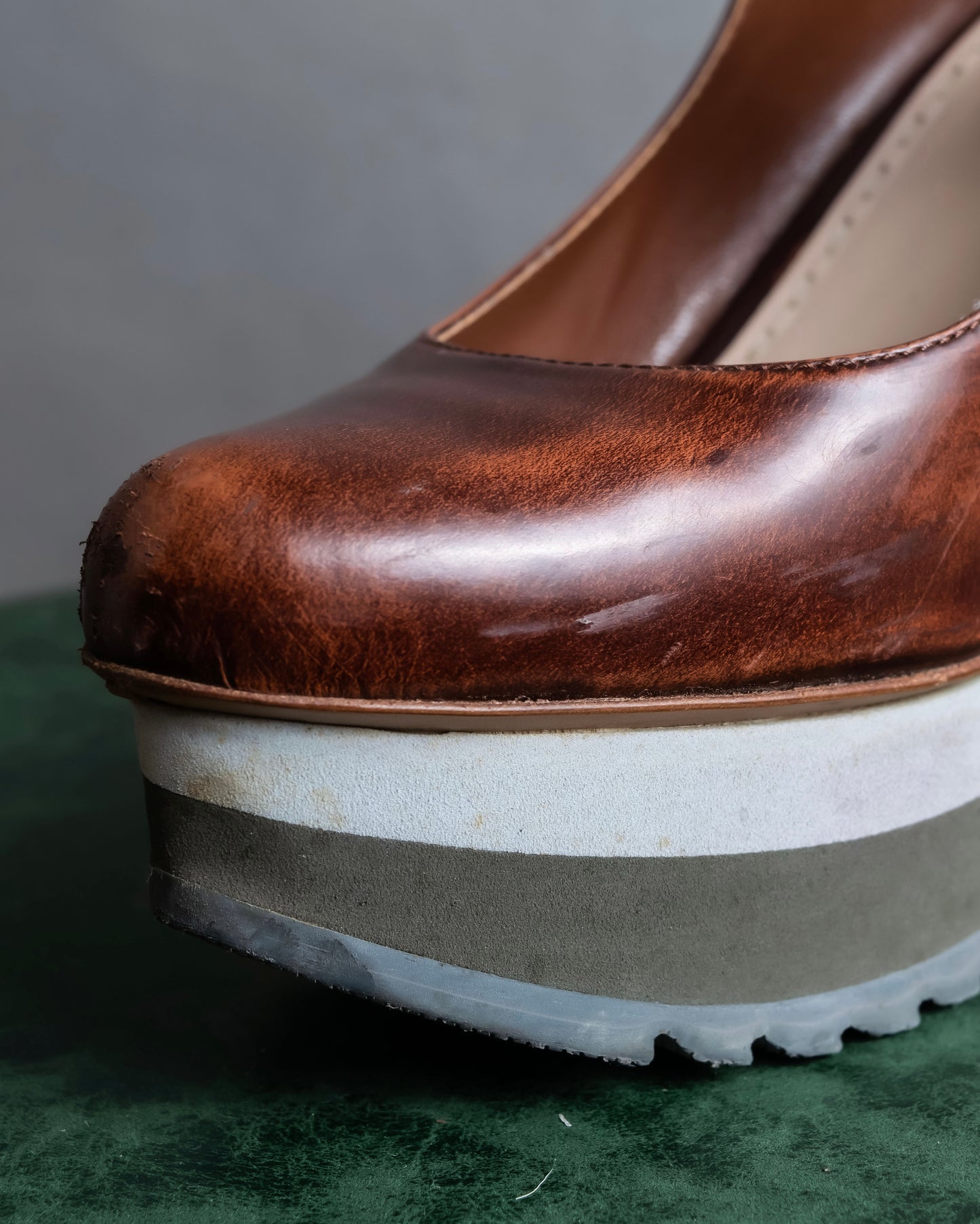 "PRADA" Brown leather stepped sole wedge heel pumps