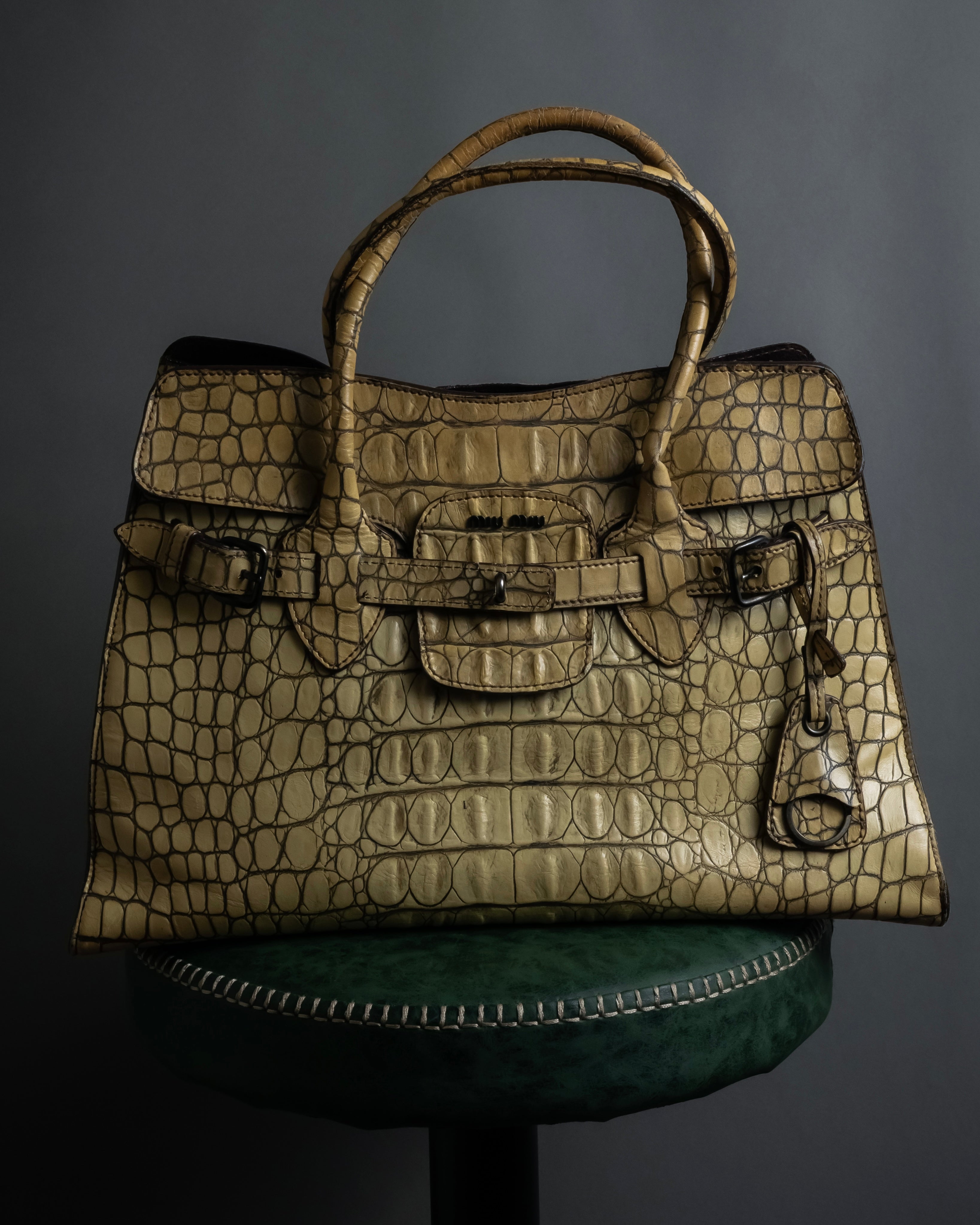 "MIU MIU" Belt strap design embossed leather hand bag