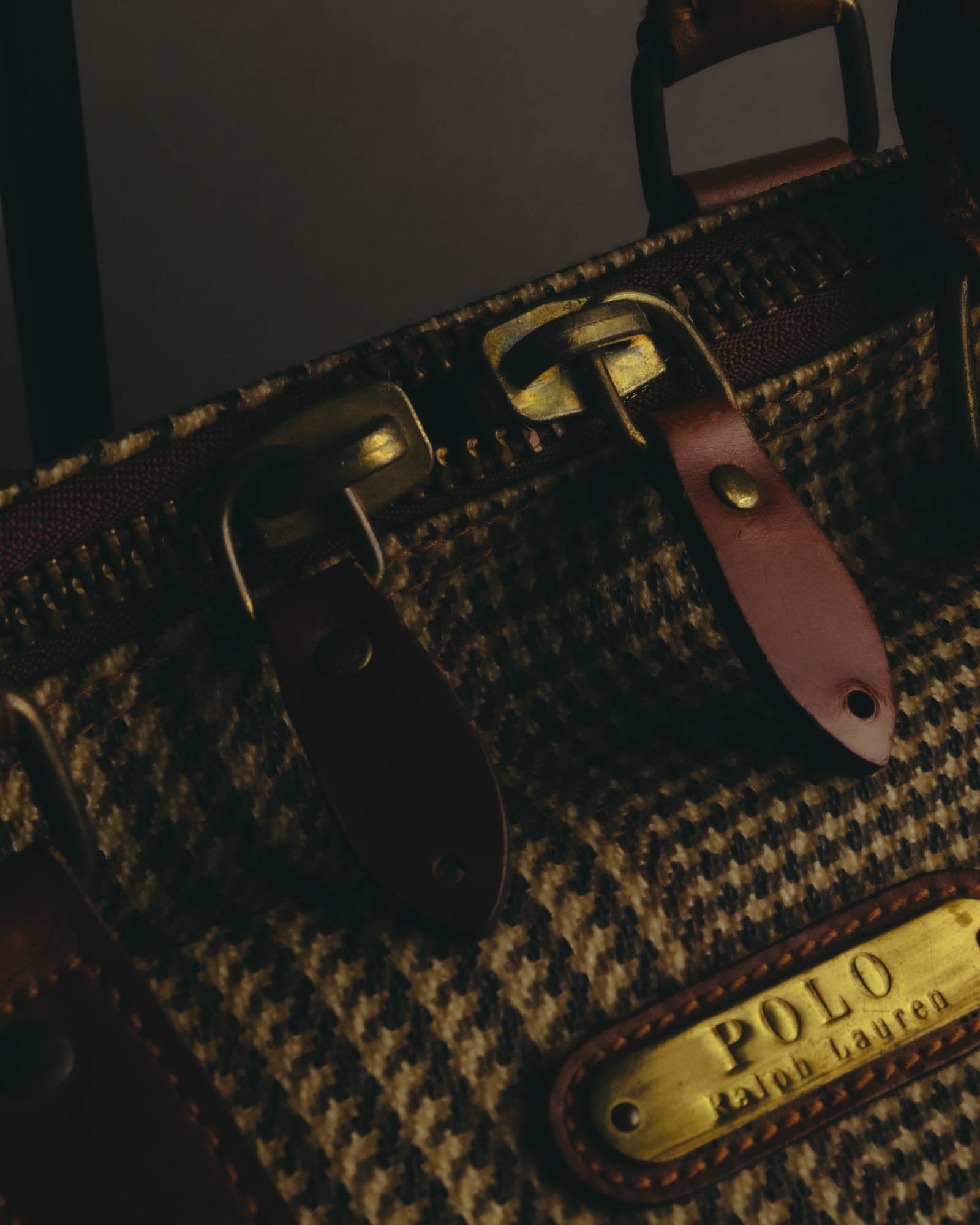"Polo Ralph Lauren" 80's-90's Houndstooth leather trim travel bag