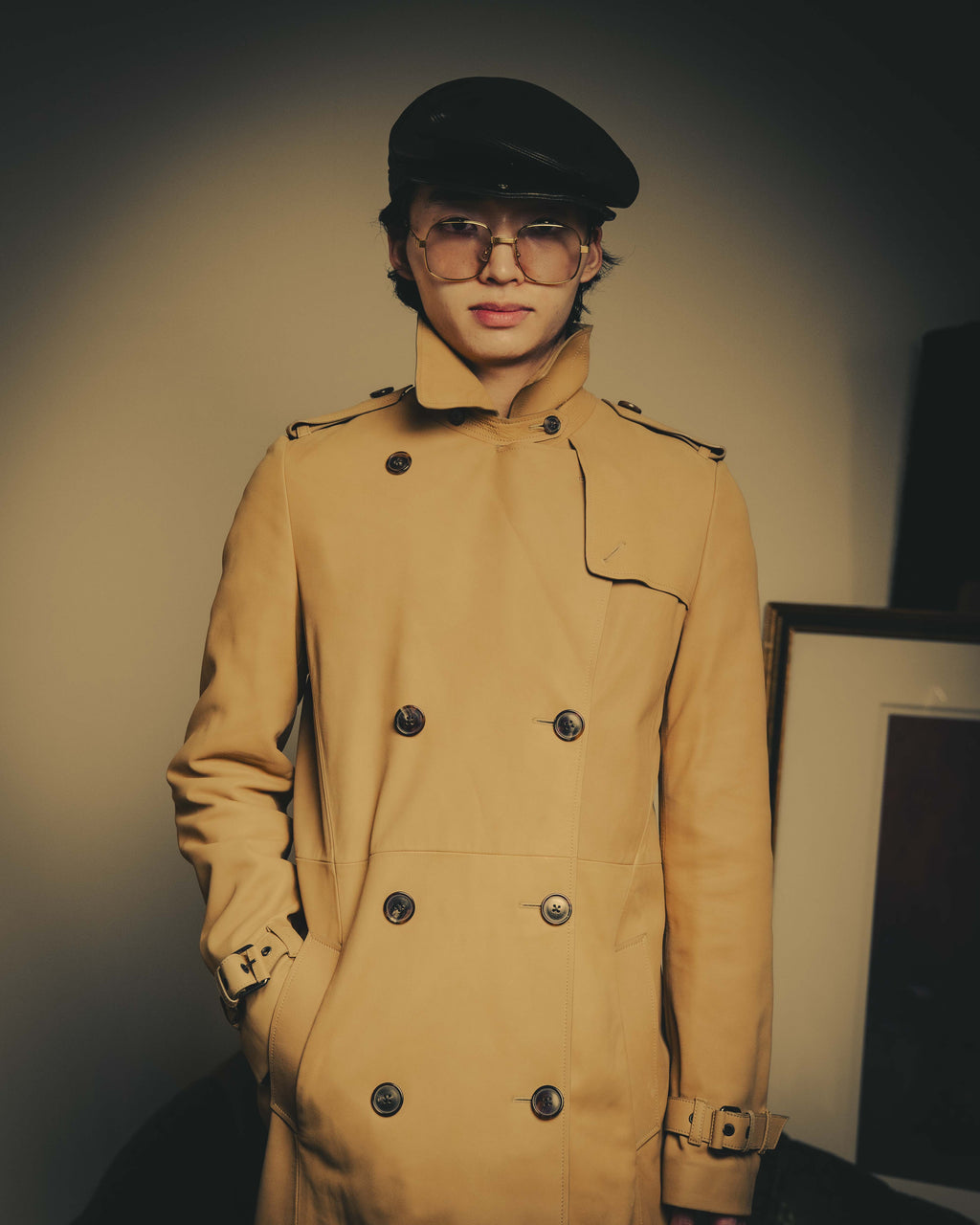 –SPECIAL– “Maison Martin Margiela” 2012AW Leather trench coat with Line 4 printed lining