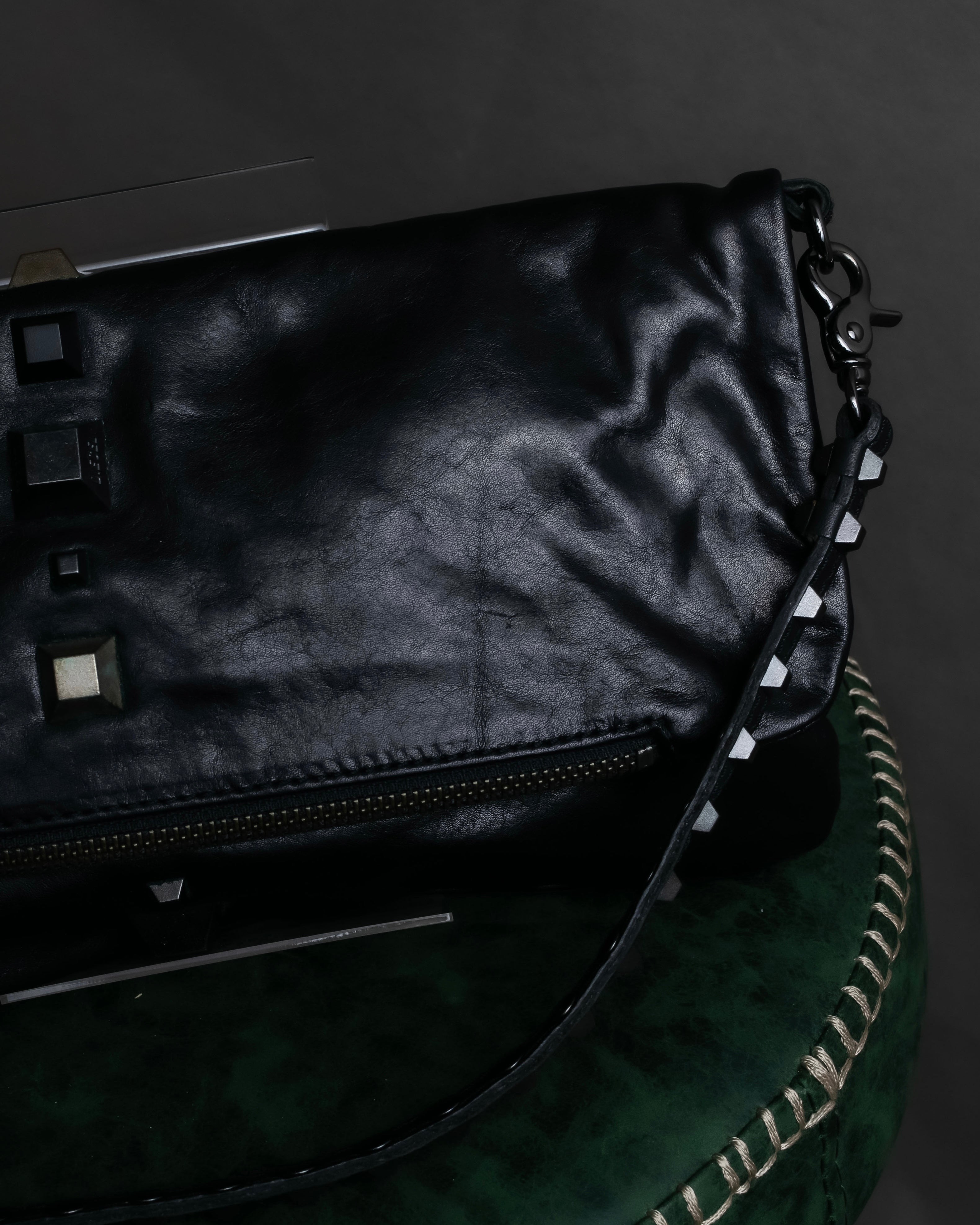"DIESEL" Silver stud design leather one shoulder bag