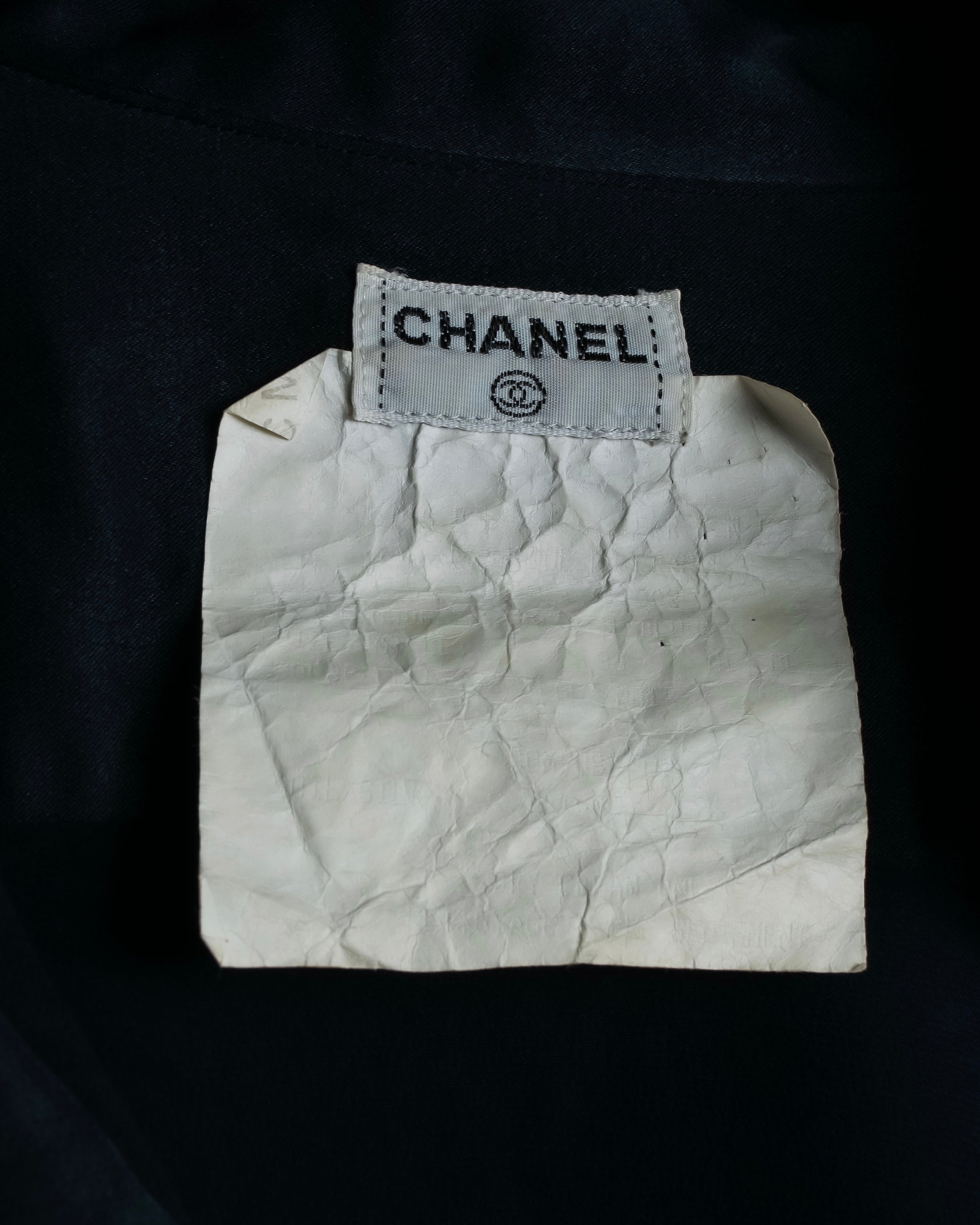 "CHANEL" Coco mark button design black glossy shirt