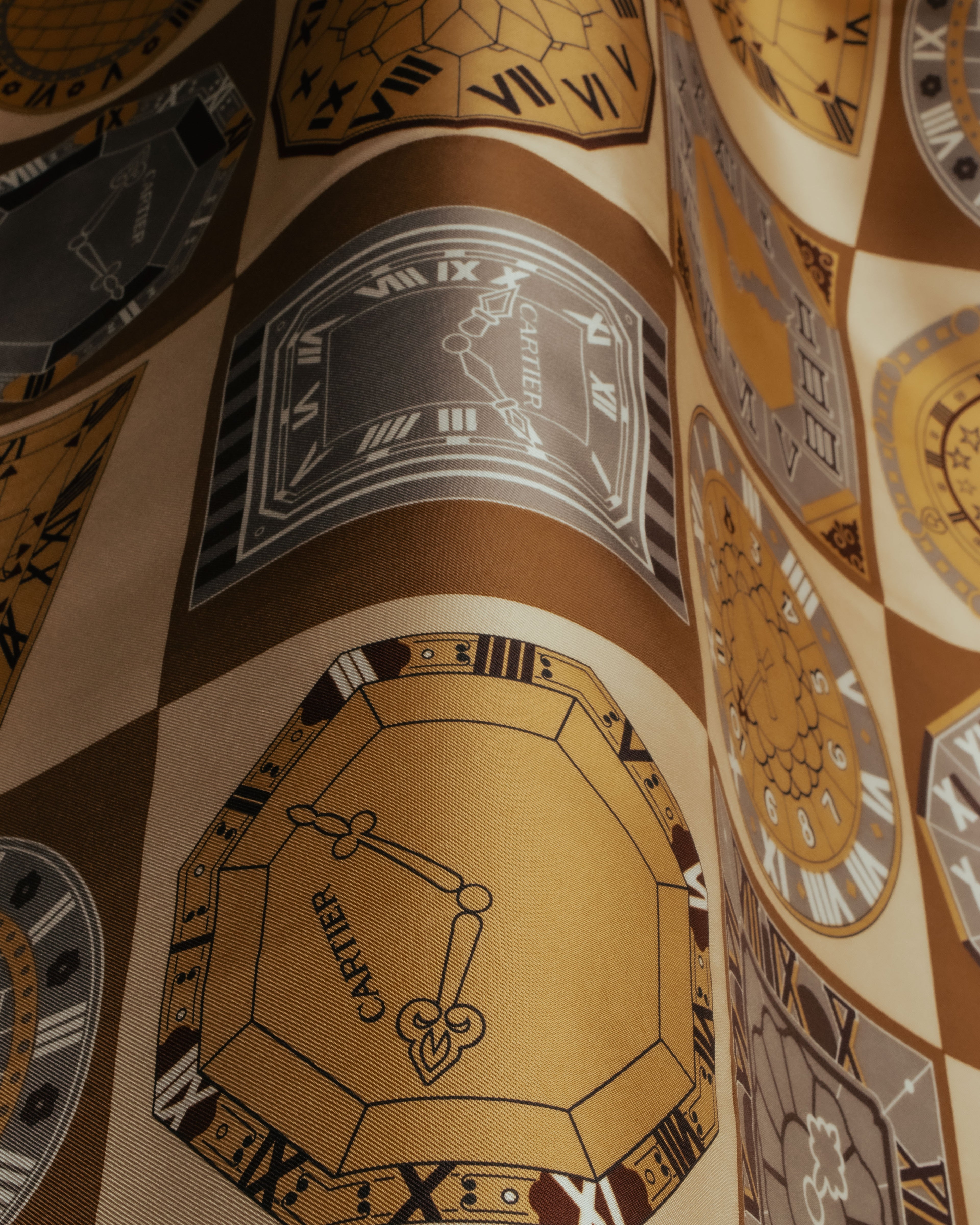 “Cartier“ 80’s-90’s Timepiece motif silk scarf