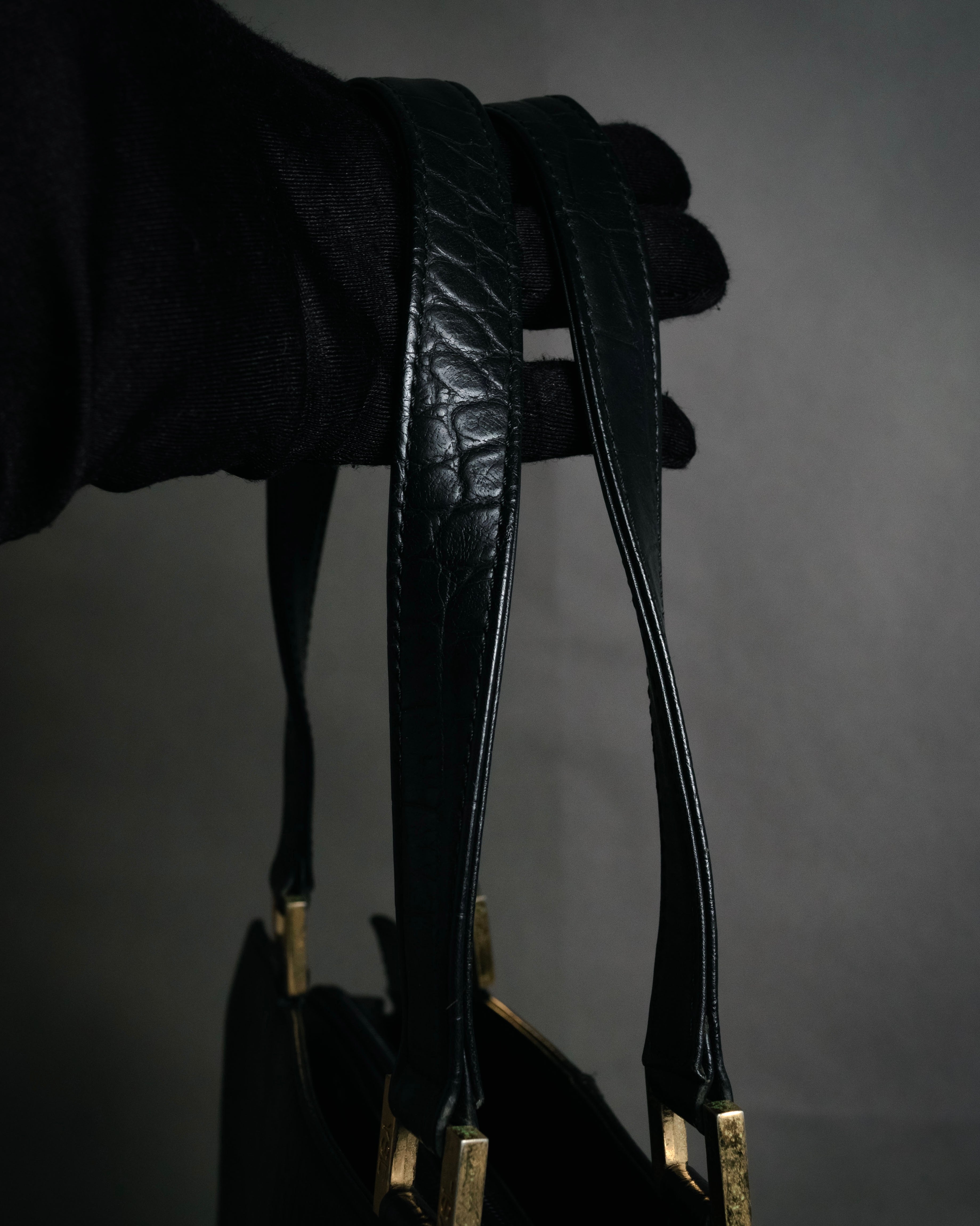 “YVES SAINT LAURENT” 90’s–Early 00’s Croc embossed leather woven stitch tote bag