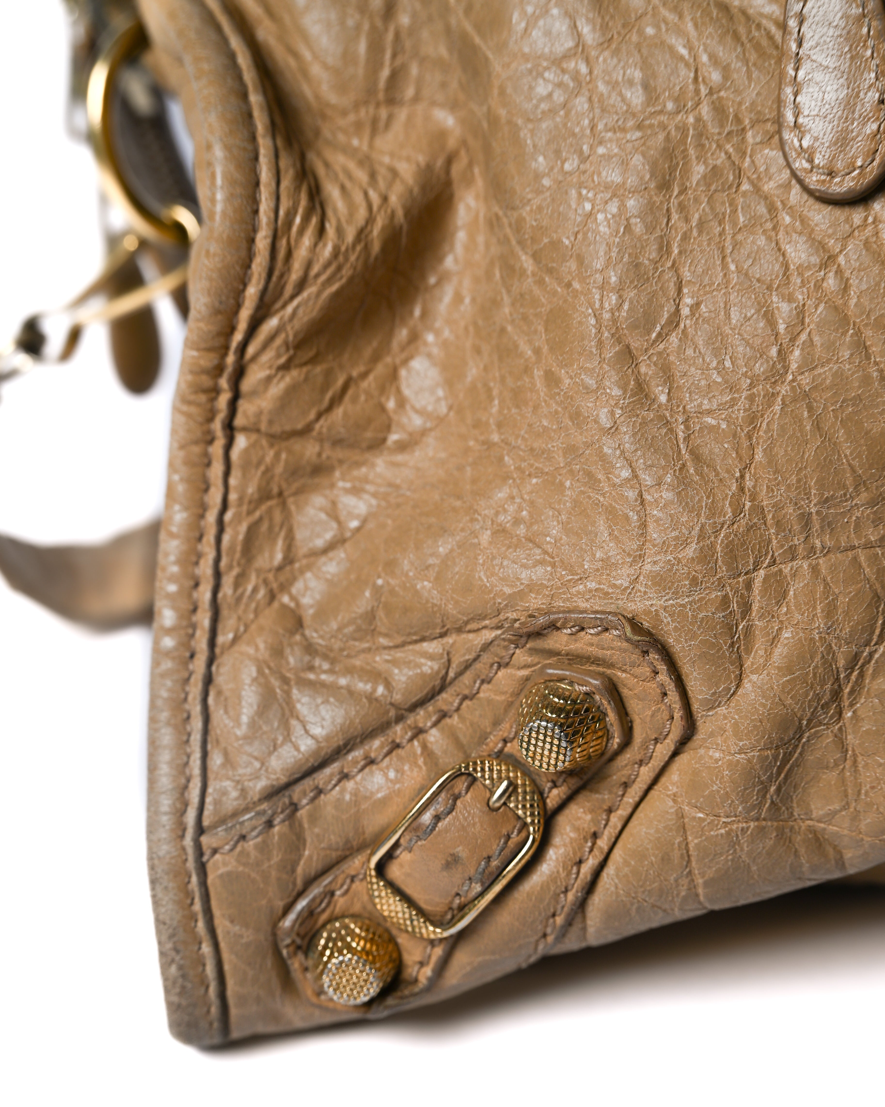 BALENCIAGA/ “Giant City” Gold Studs 2 Way Handbag Beige