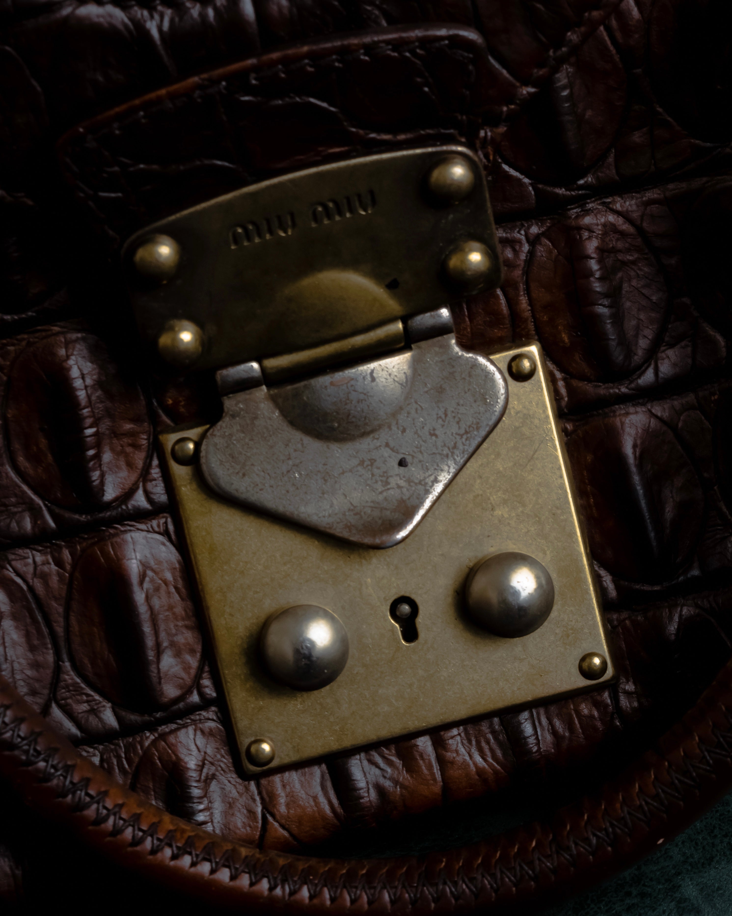 "MIU MIU" Antique design crocodile embossed leather 2way bag