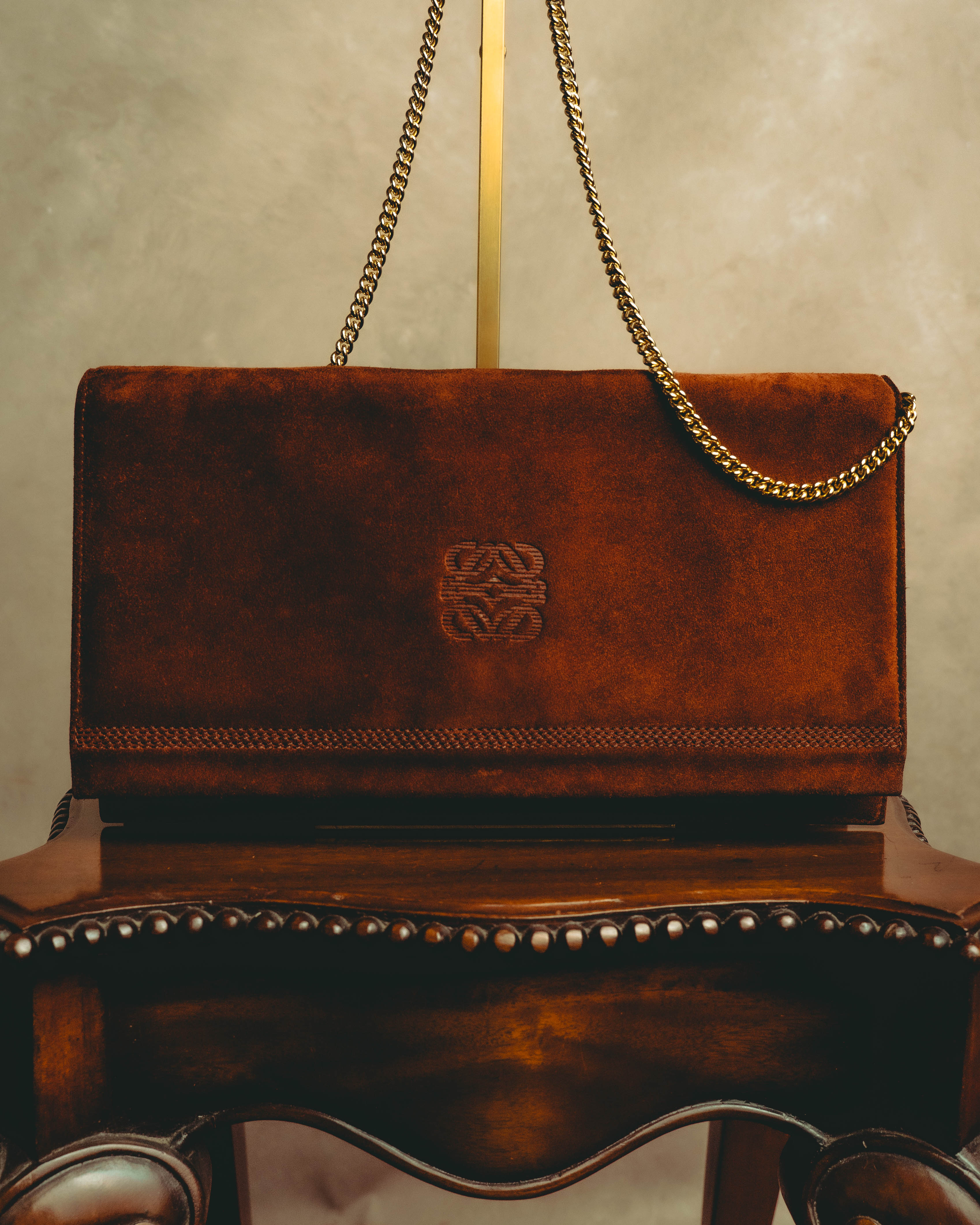 -SPECIAL- “LOEWE” 80’s-90’s embossed anagram suede shoulder bag