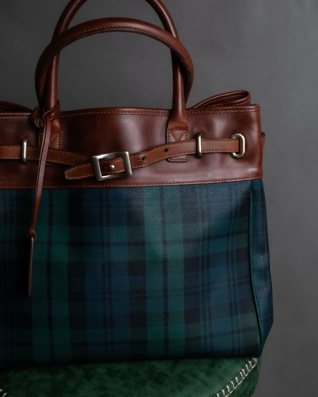 "Ralph Lauren" Blackwatch check canvas leather combination bag