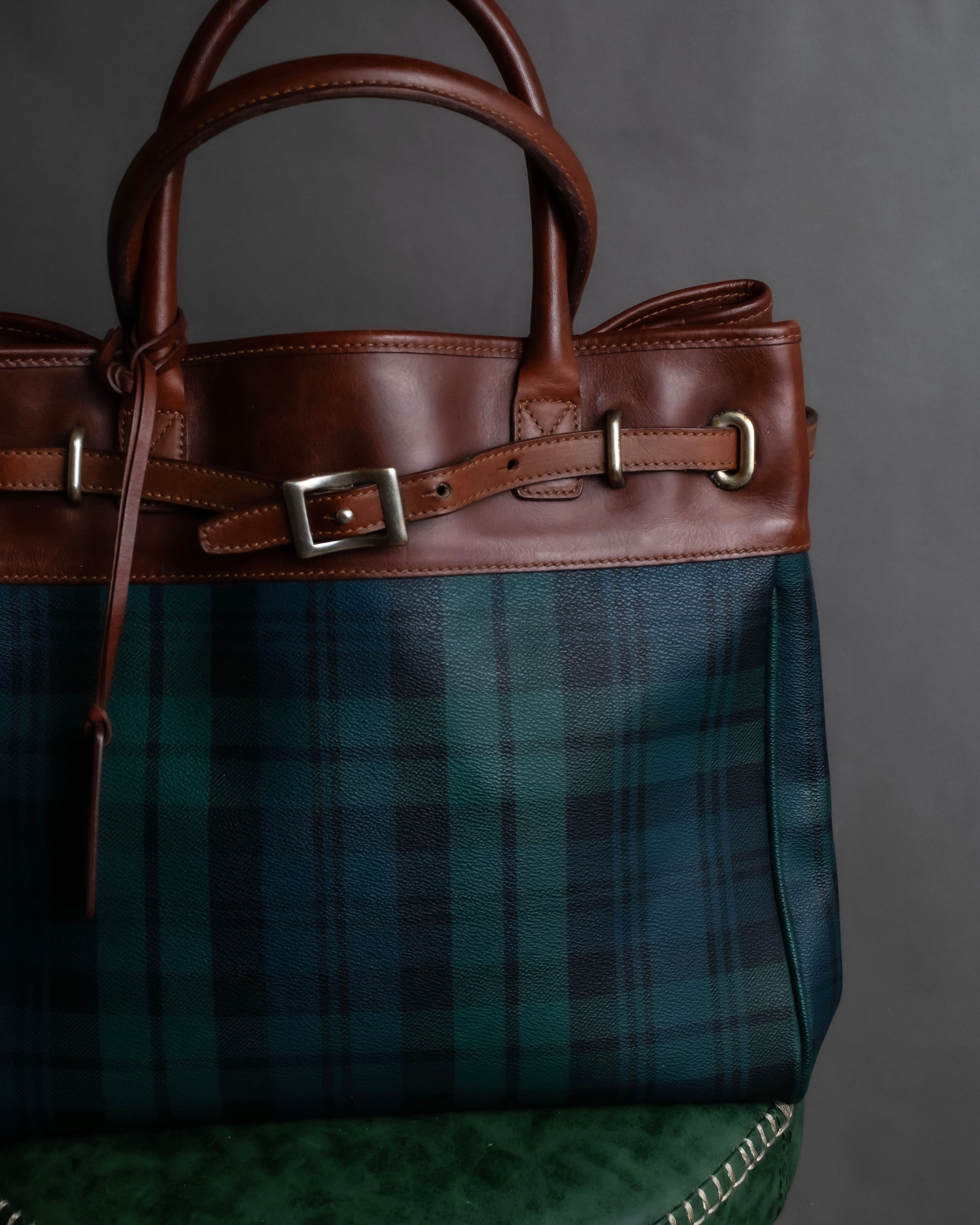 "Ralph Lauren" Blackwatch check canvas leather combination bag