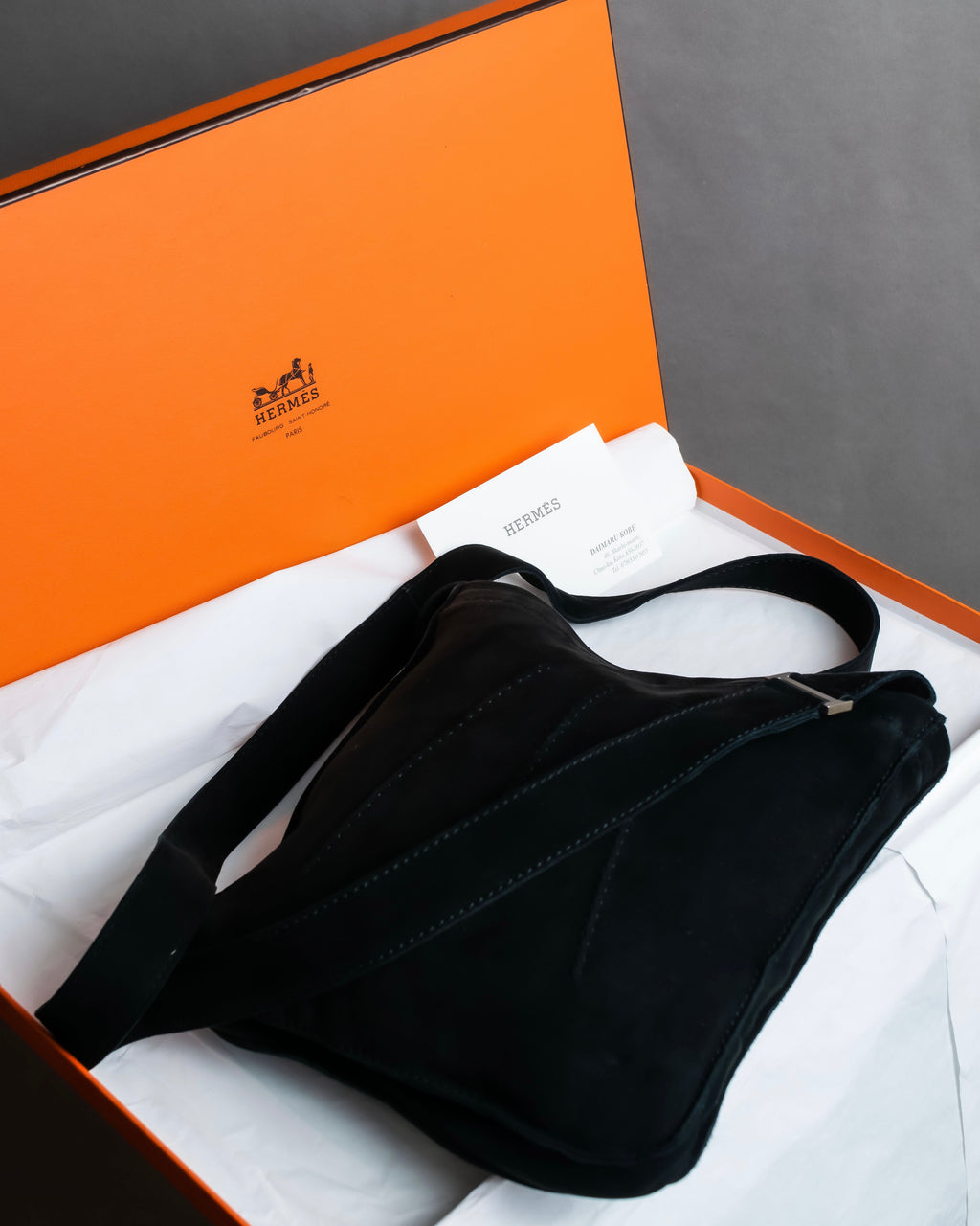 "HERMES" Tout en Douceur black suede panel line shoulder bag