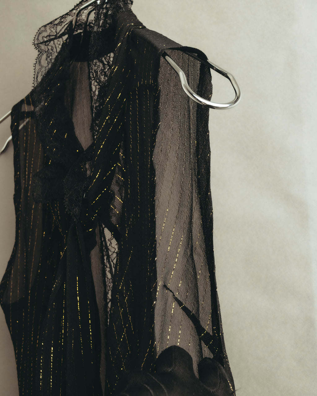 “PINKO” 2010’s Metallic striped lace georgette bow blouse