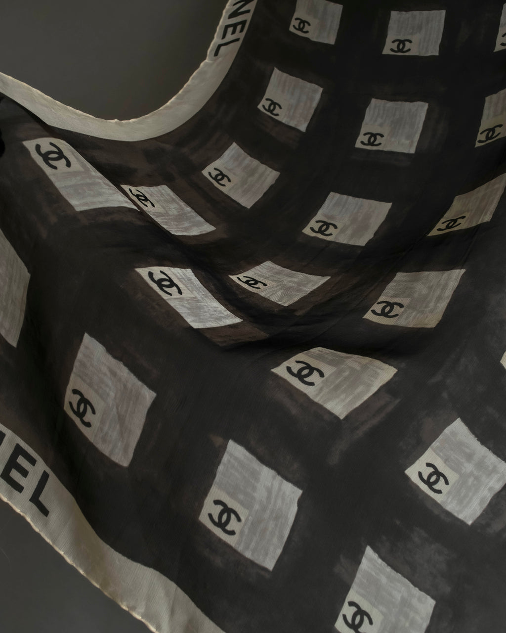 "CHANEL" Coco mark grid pattern silk scarf