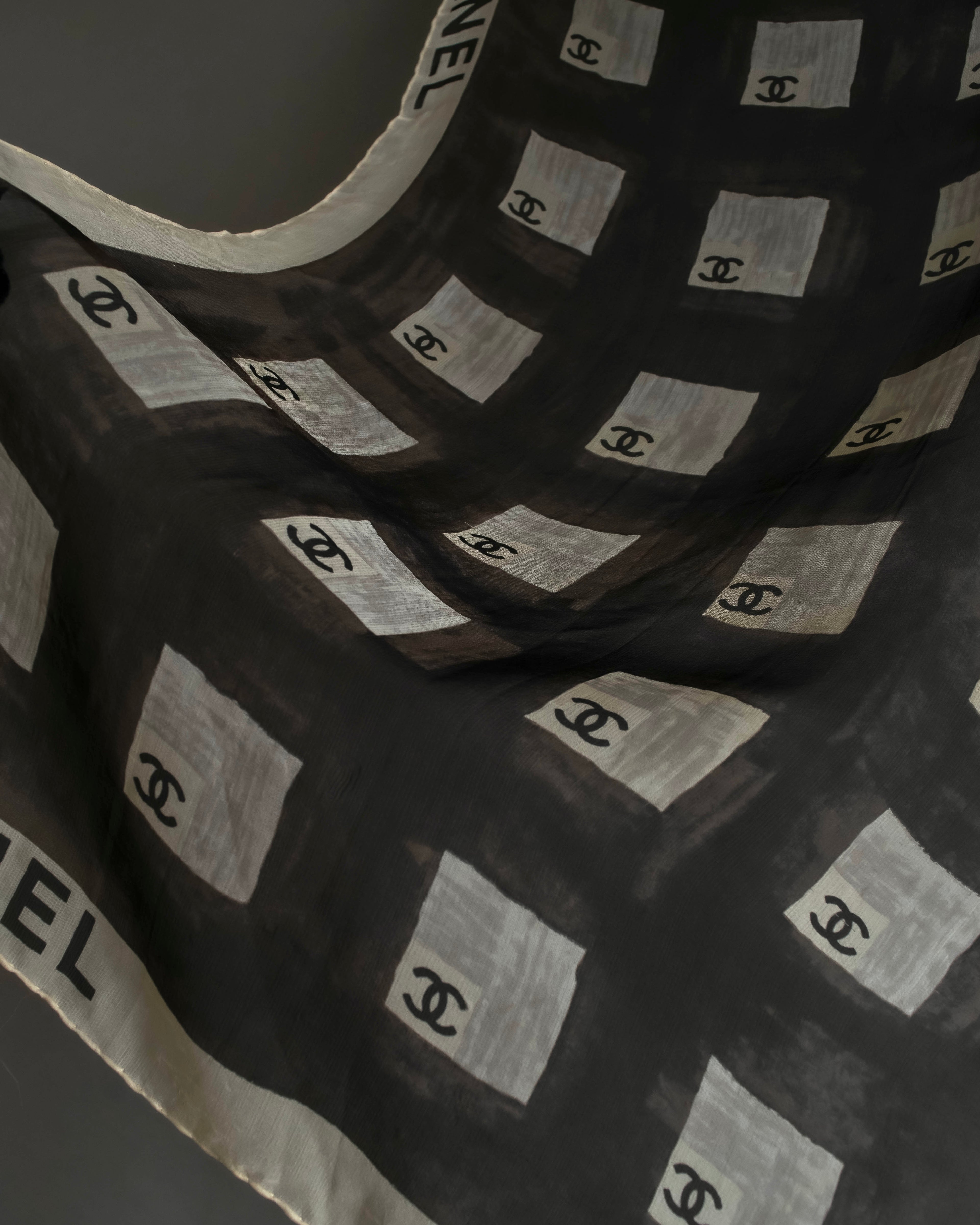 "CHANEL" Coco mark grid pattern silk scarf