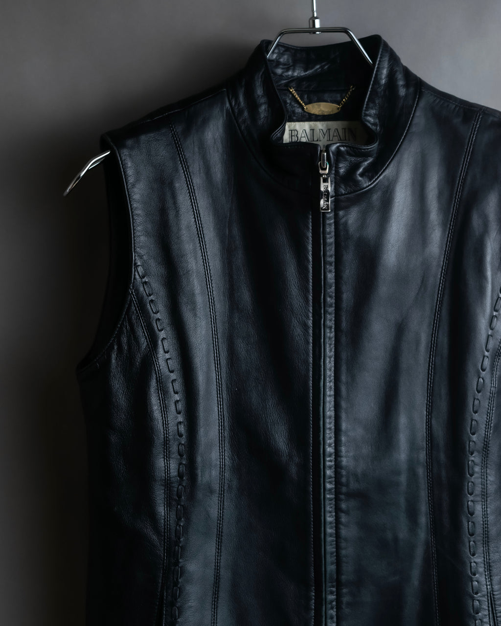 "BALMAIN" Braided detail lamb leather zip-up vest