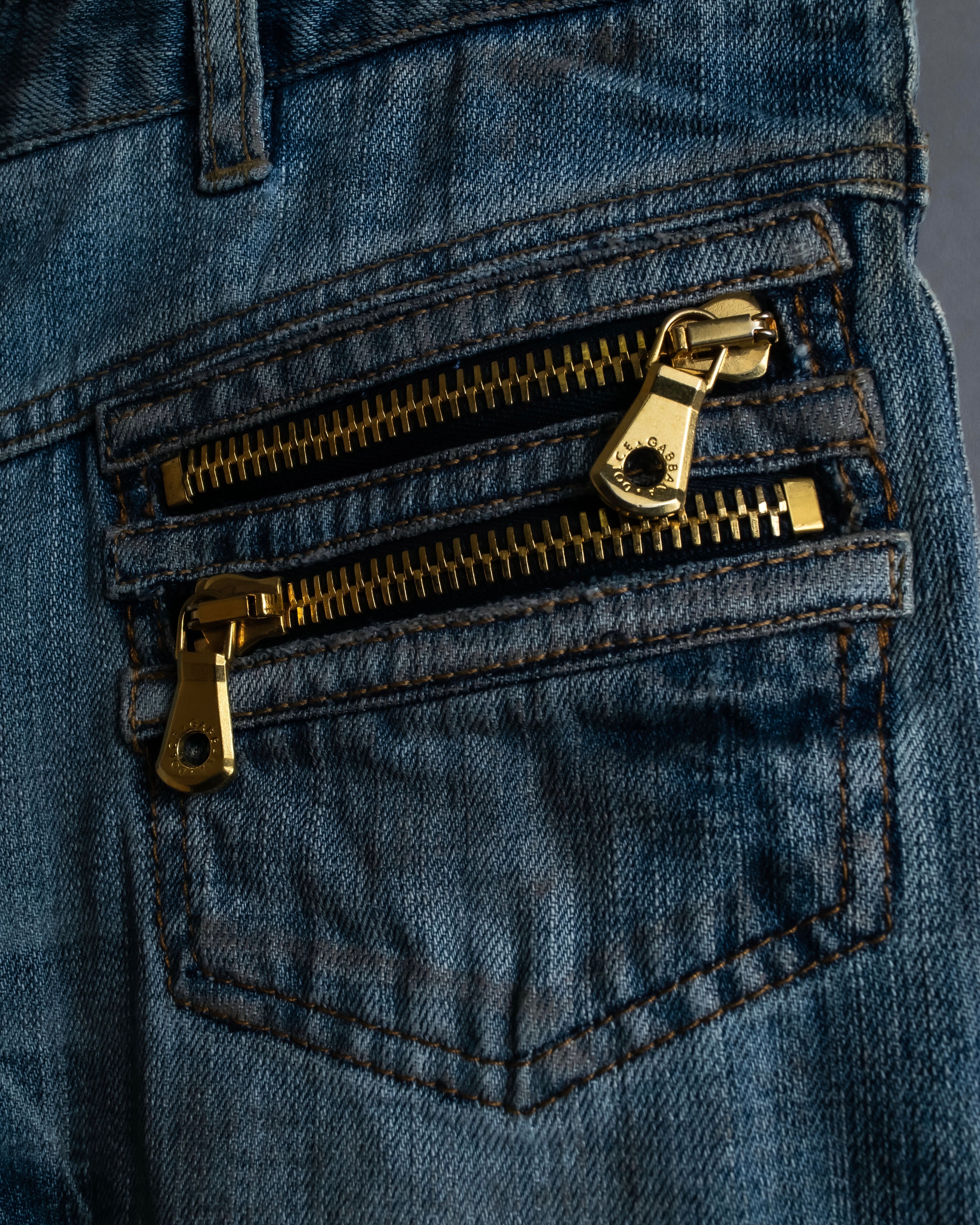 "Dolce & Gabbana" Gold zip detail distressed straight denim
