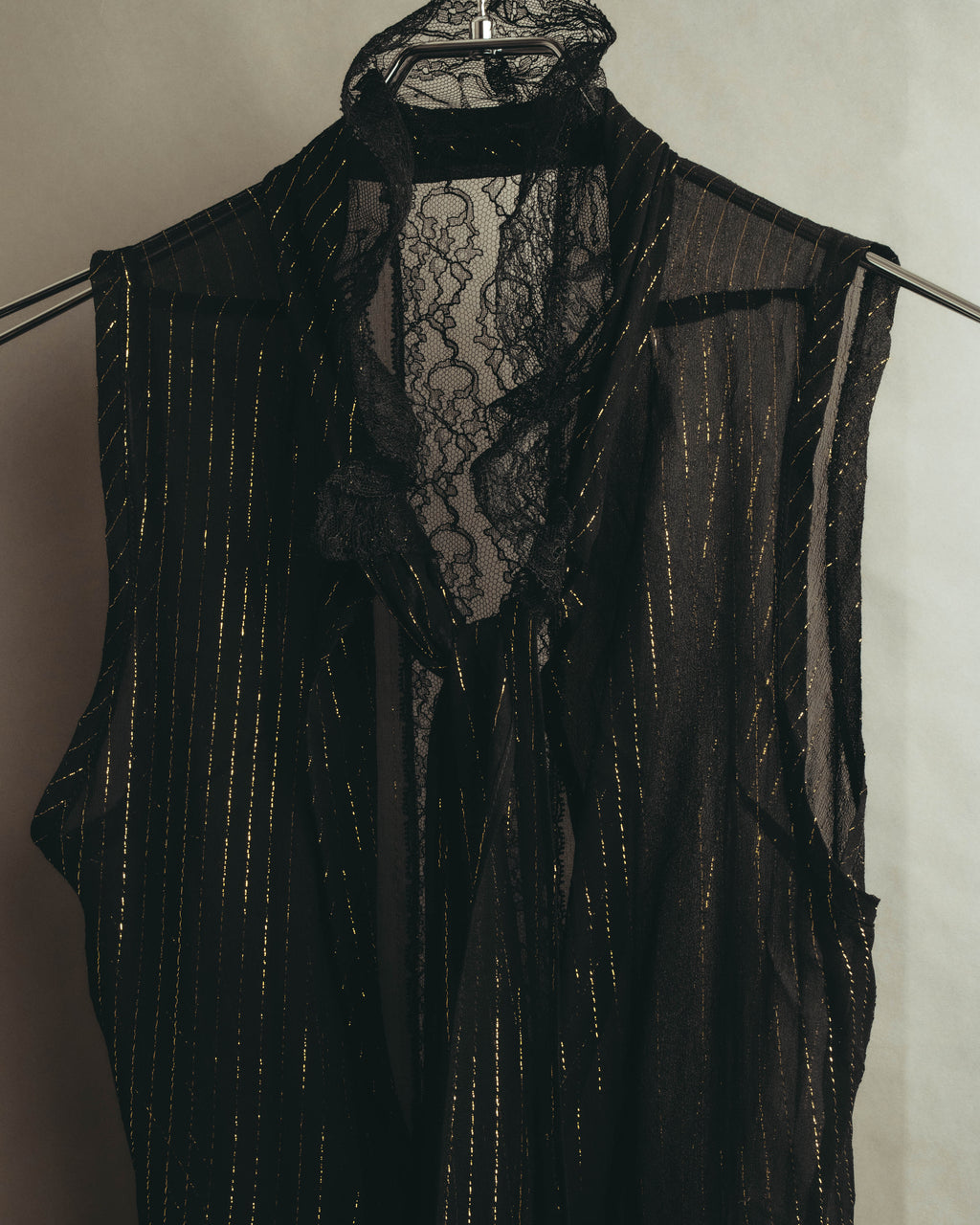 “PINKO” 2010’s Metallic striped lace georgette bow blouse