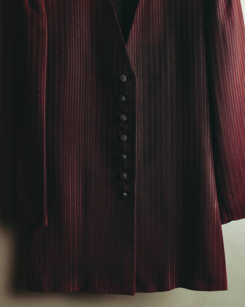 -SPECIAL- “Yves Saint Laurent“ 80's-90's Swiss fabric lurex stripe collarless long jacket