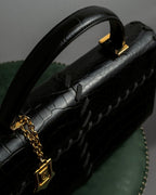 "YVES SAINT LAURENT" Whip stitch design crocodile foil stamped leather hand bag