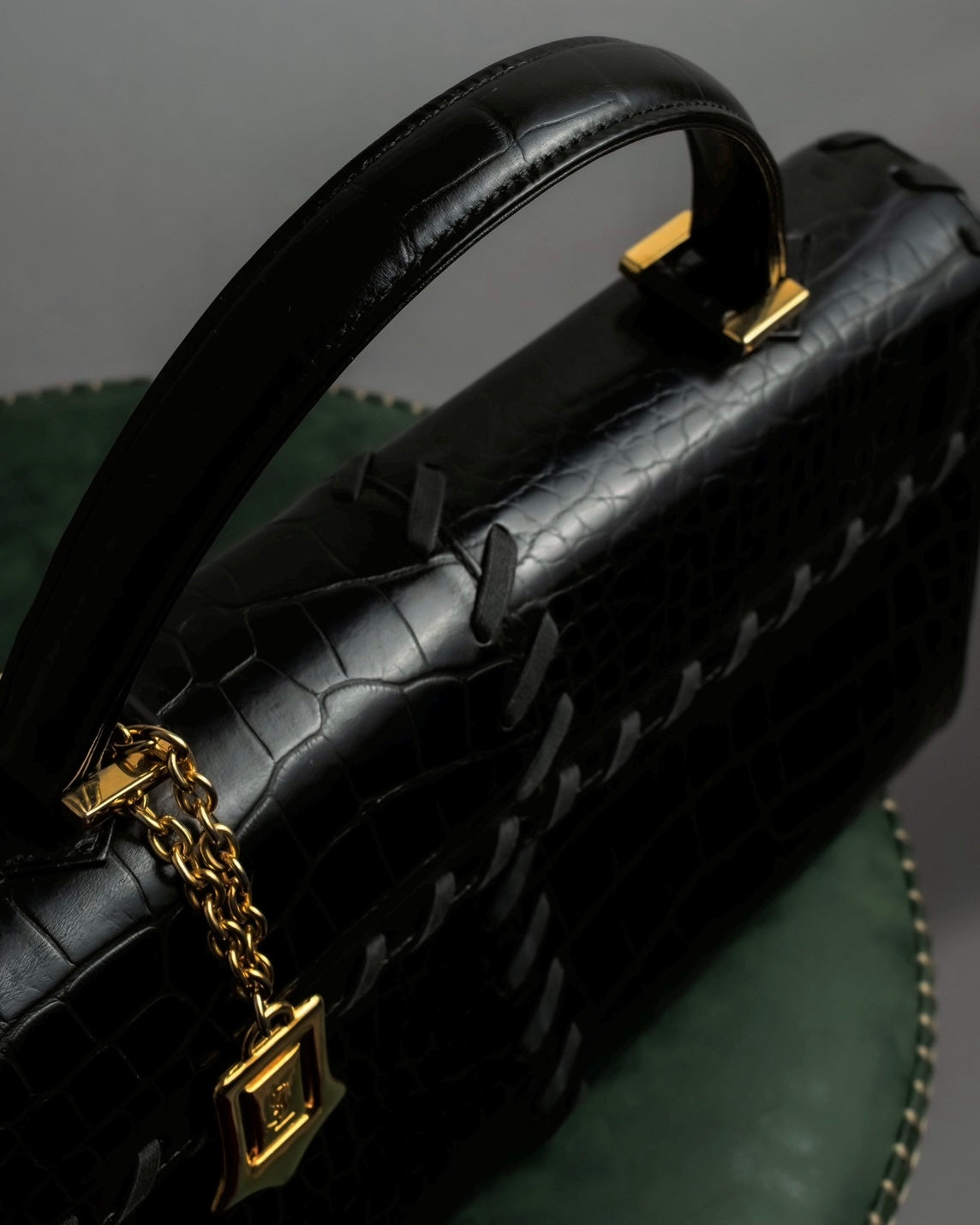 "YVES SAINT LAURENT" Whip stitch design crocodile foil stamped leather hand bag