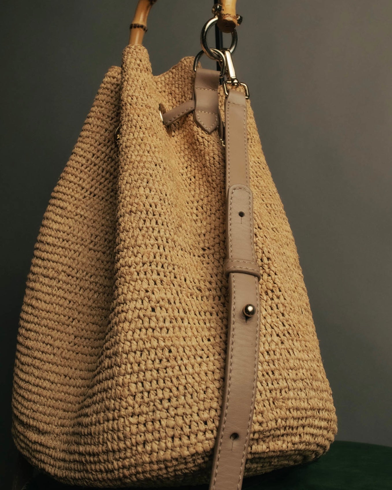 “Heidi Klein” Natural raffia bamboo handle bucket bag