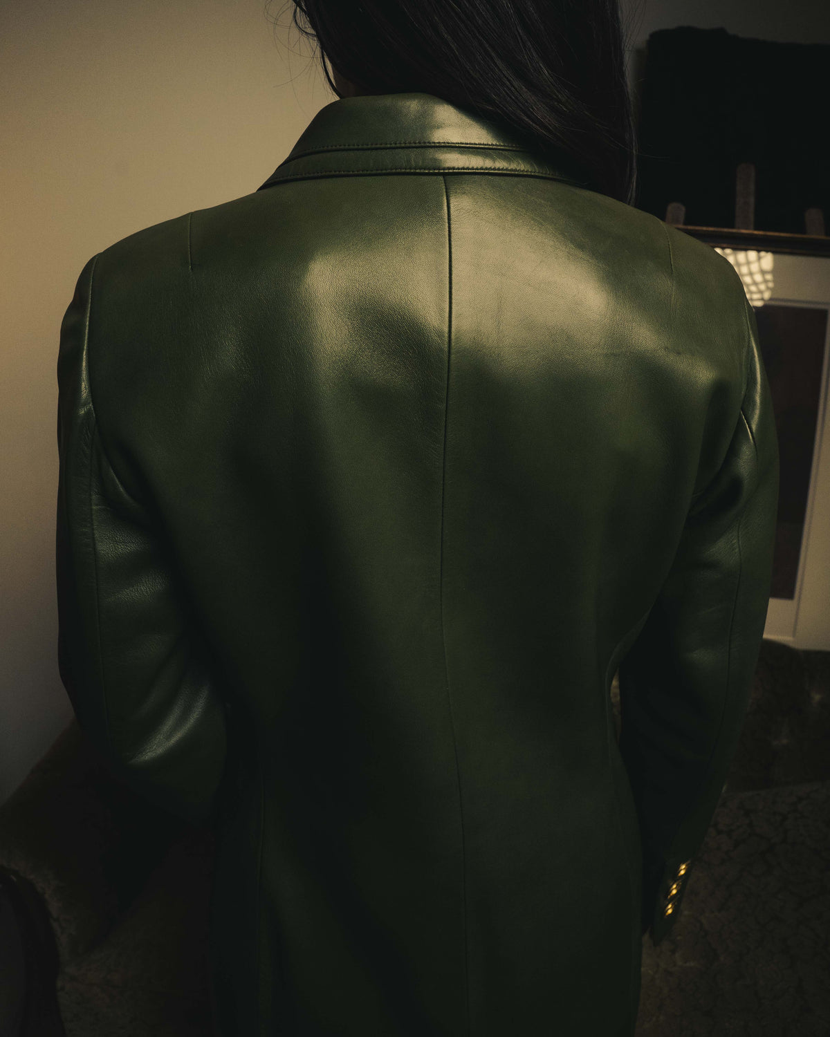 -SPECIAL- “LOEWE” 80’s-90’s Gold buttoned olive leather double-breasted tailored jacket
