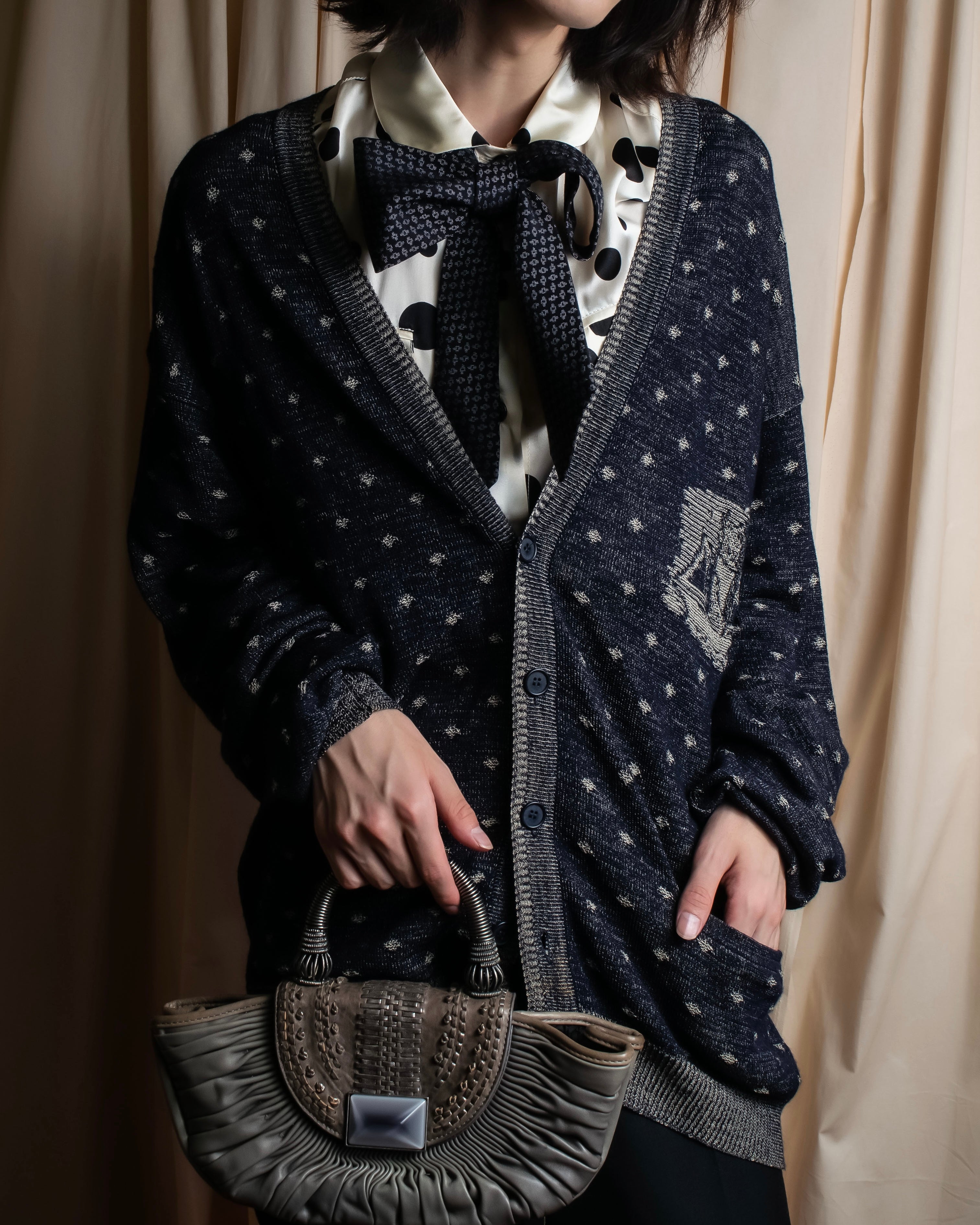 "Vintage abstract polka dot knit cardigan"
