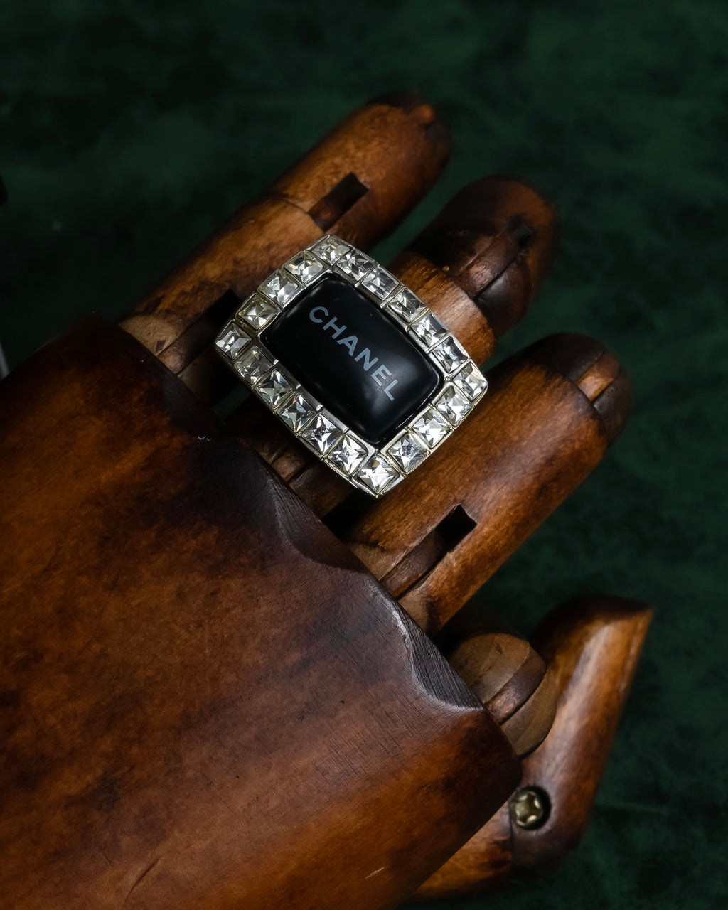 "CHANEL" 00AW Karl Lagerfeld period clear stone design logo engraved ring
