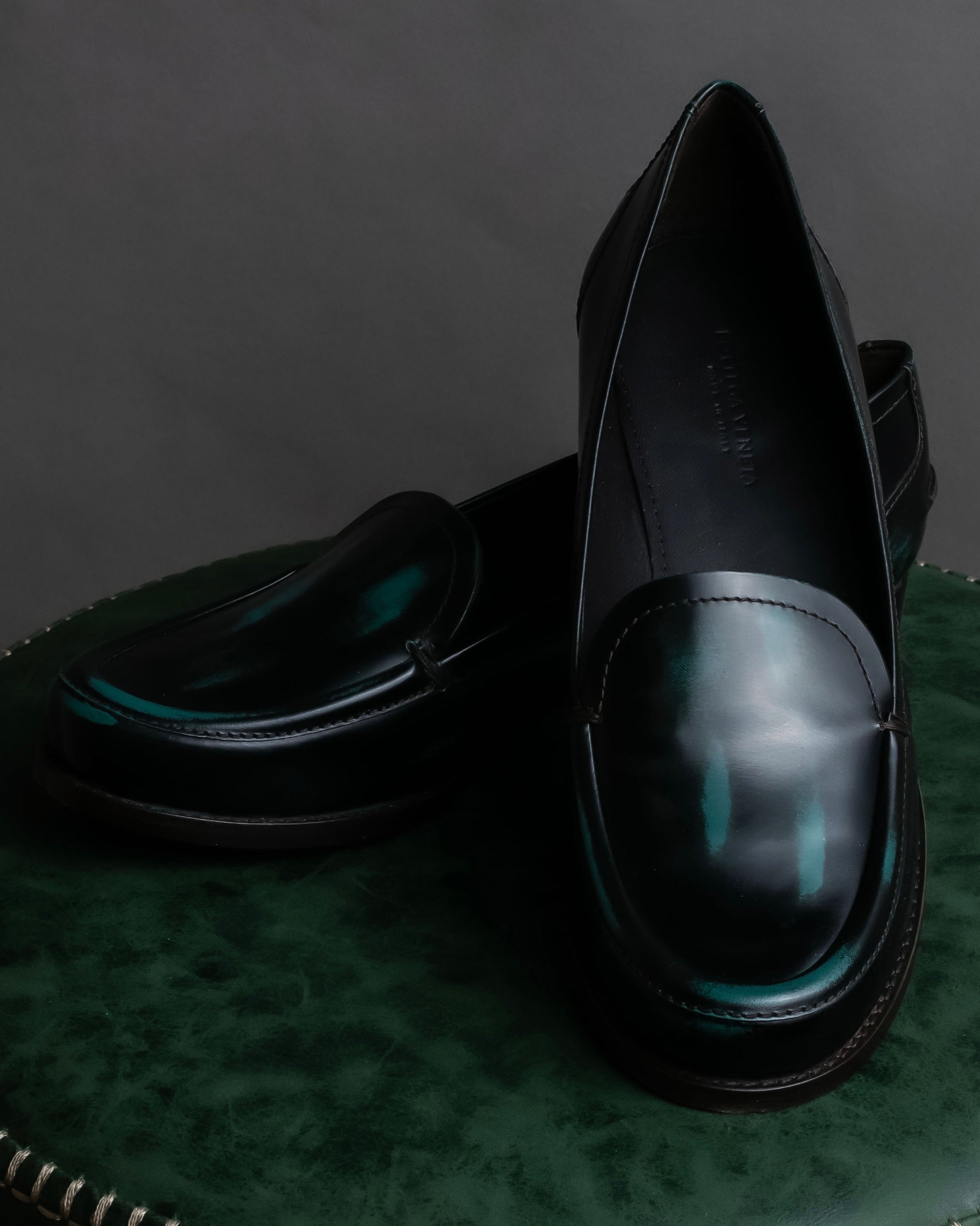 "BOTTEGA VENETA" Gradient emerald color leather loafers