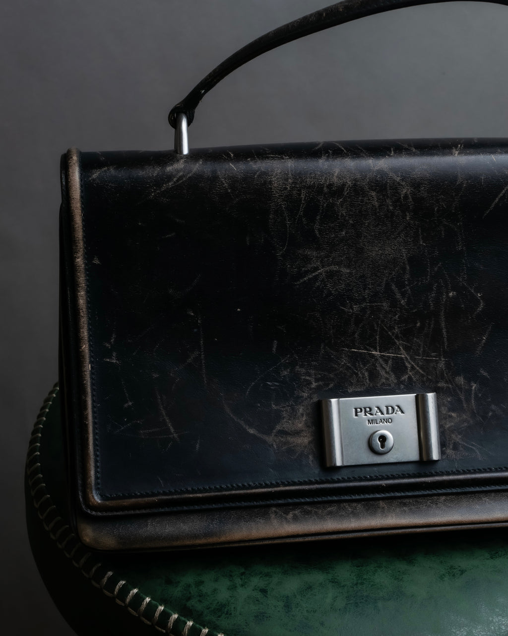 "PRADA" Aged metal parts design leather hand bag