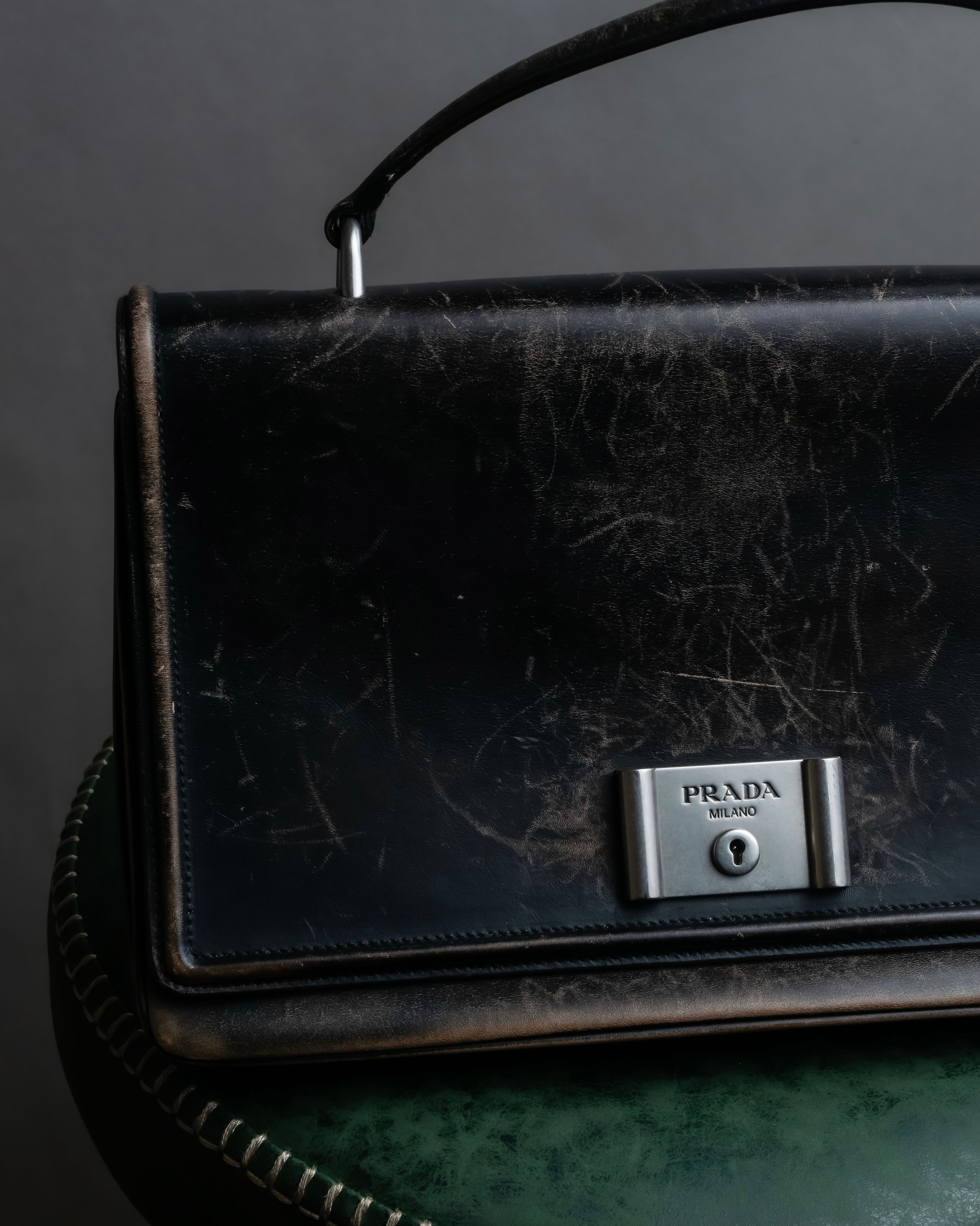"PRADA" Aged metal parts design leather hand bag