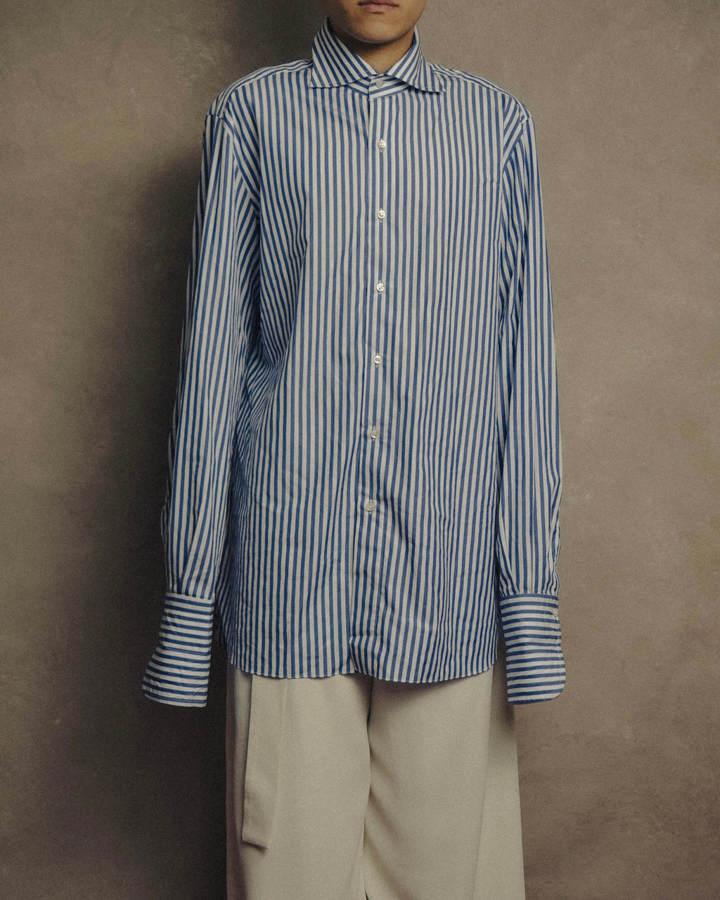 -MOOD MILLÉSIMES- 90’s-00’s vivid blue stripe wide-spread collar shirt