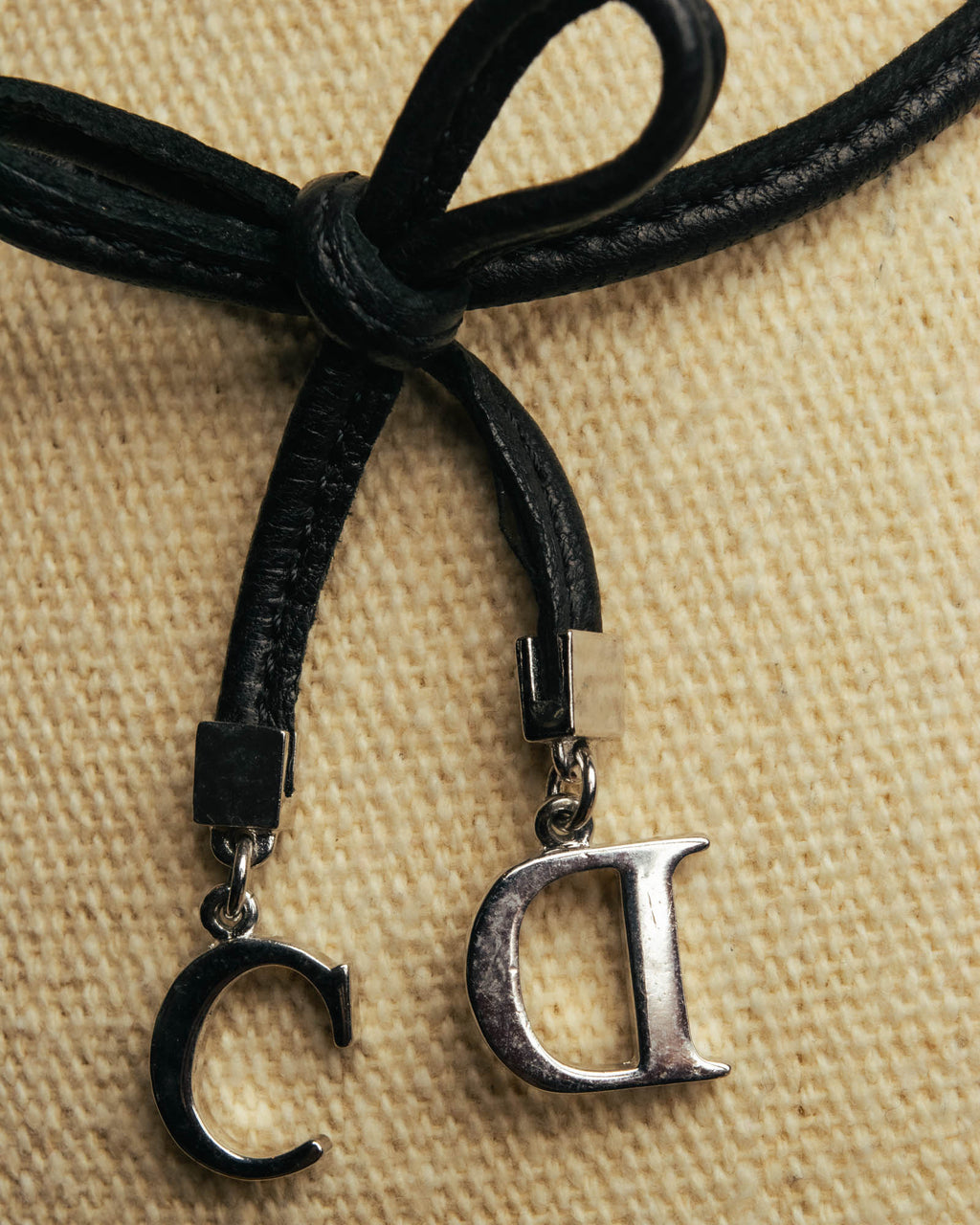 "Christian Dior" Ribbon charm leather cord choker necklace
