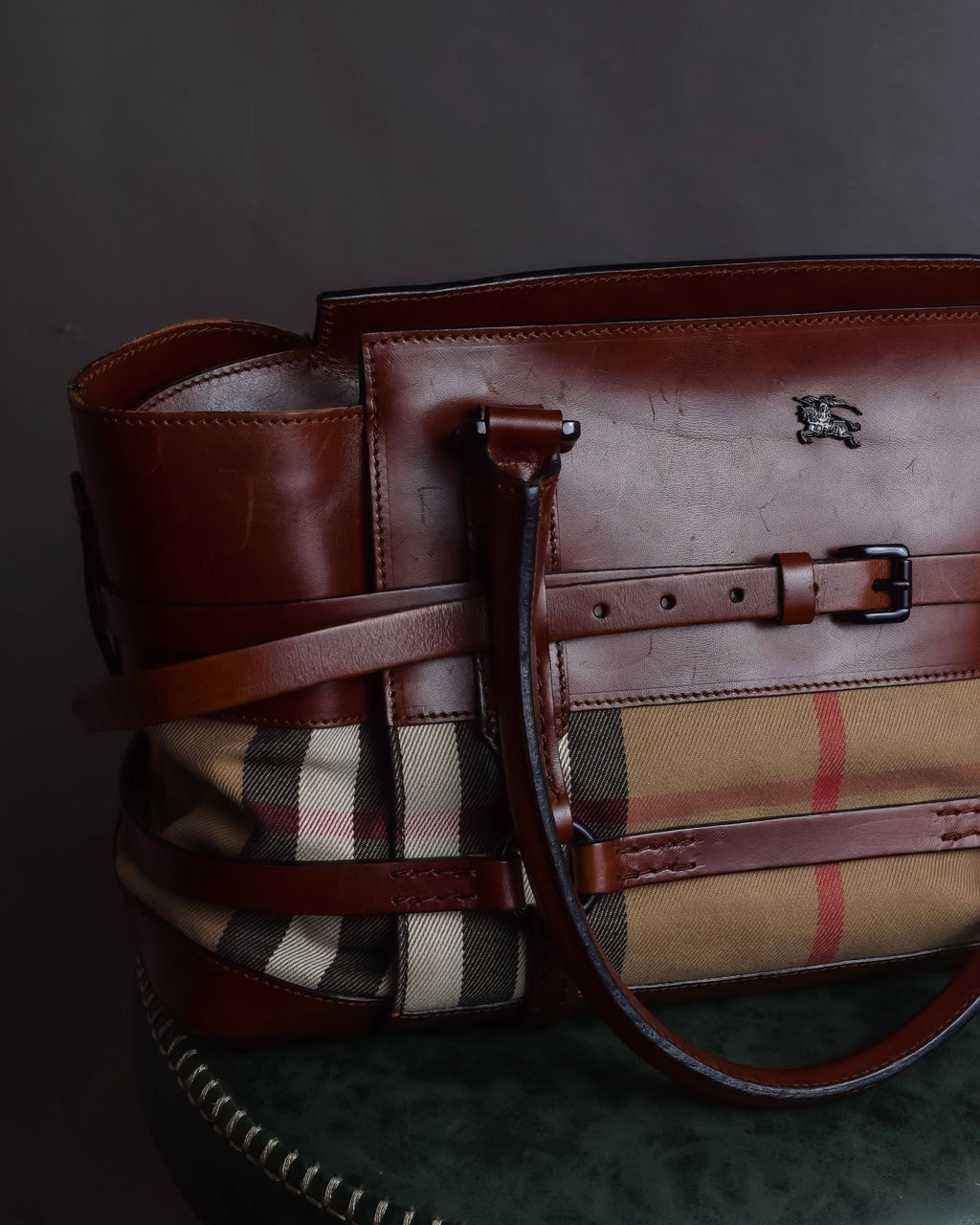 "BURBERRY" Harness detail check canvas leather bag