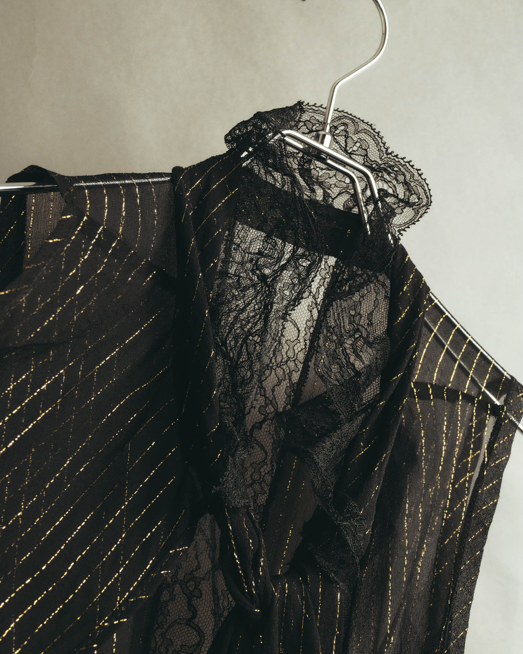 “PINKO” 2010’s Metallic striped lace georgette bow blouse
