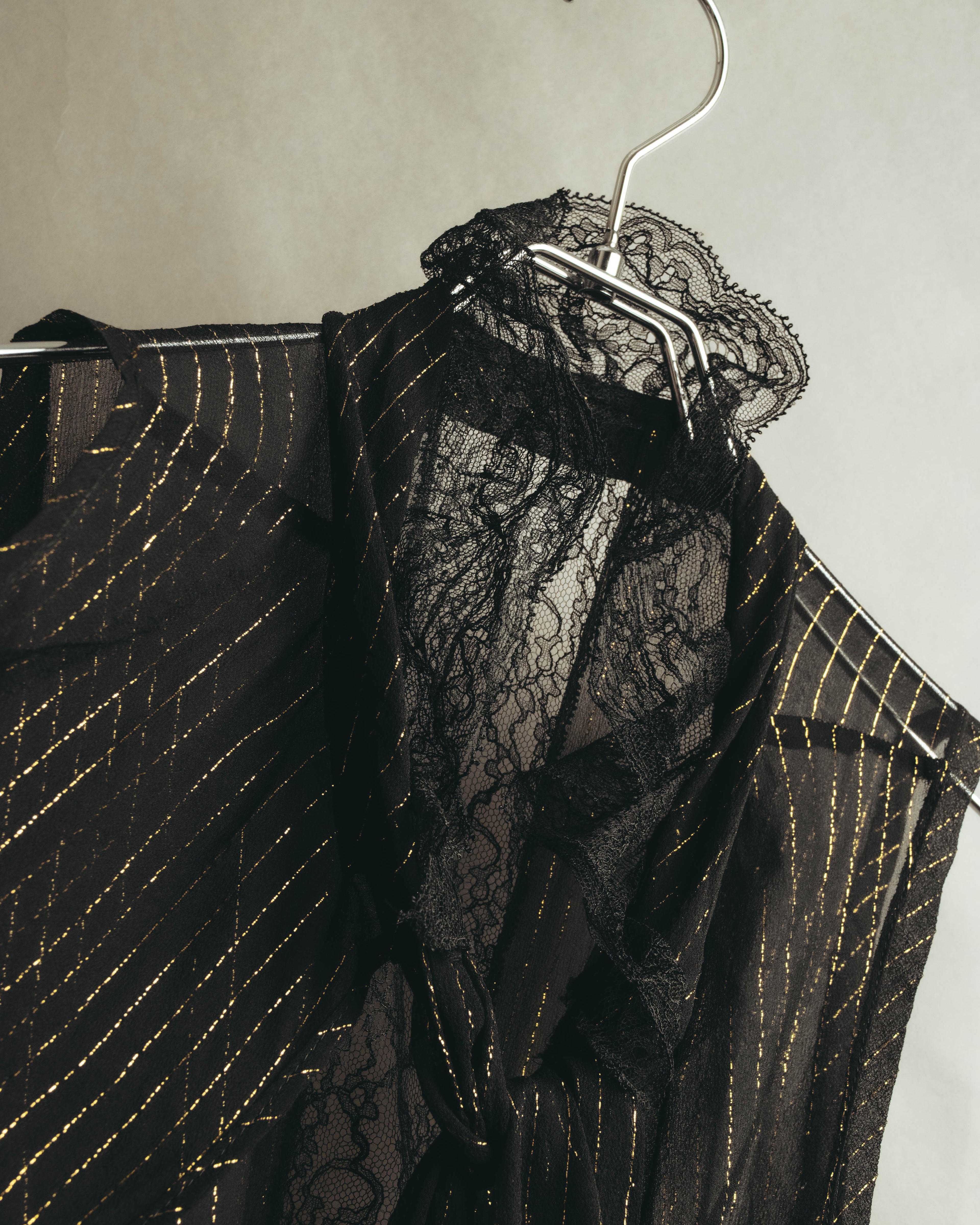 “PINKO” 2010’s Metallic striped lace georgette bow blouse