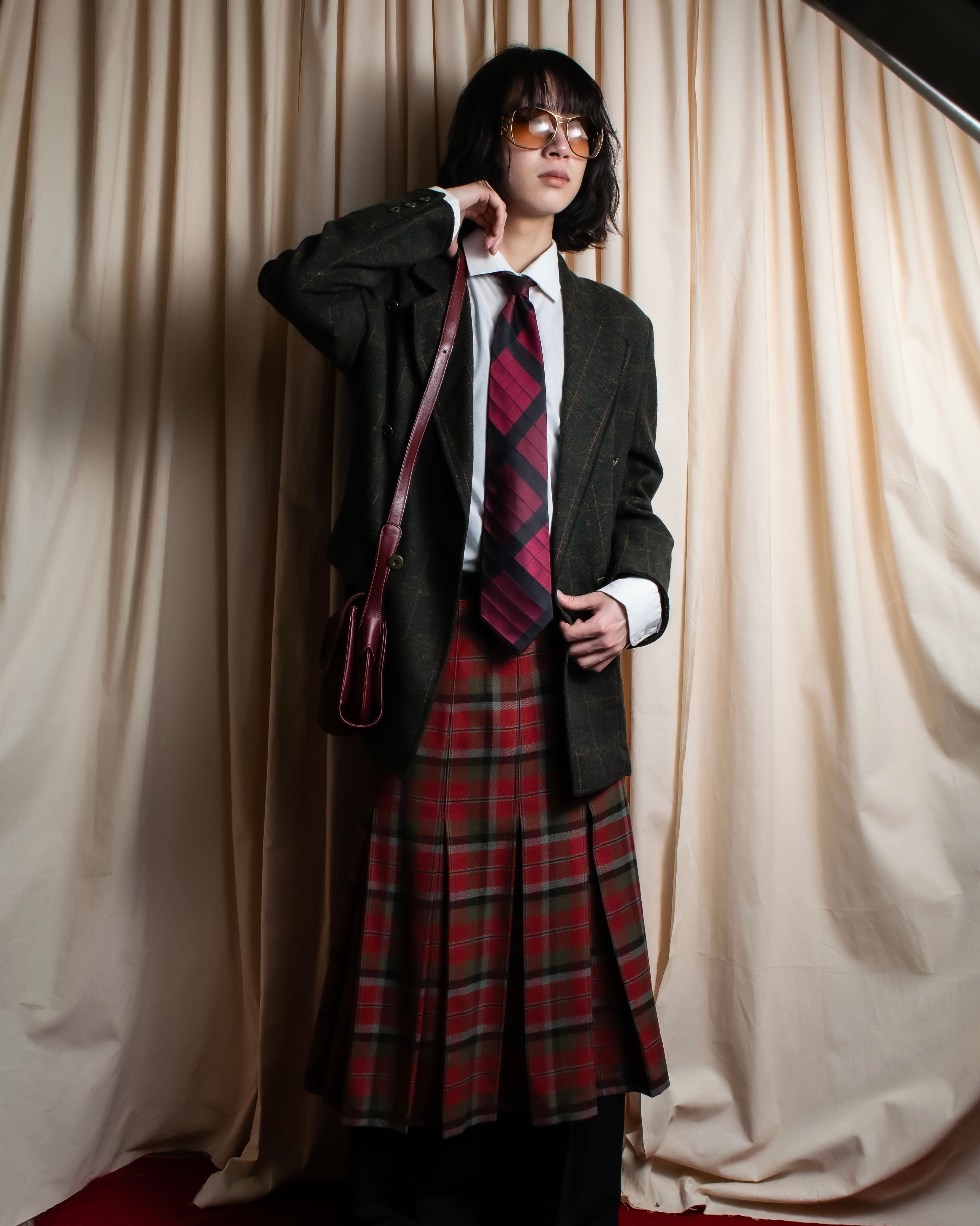 "GUCCI" Burgundy large check silk necktie