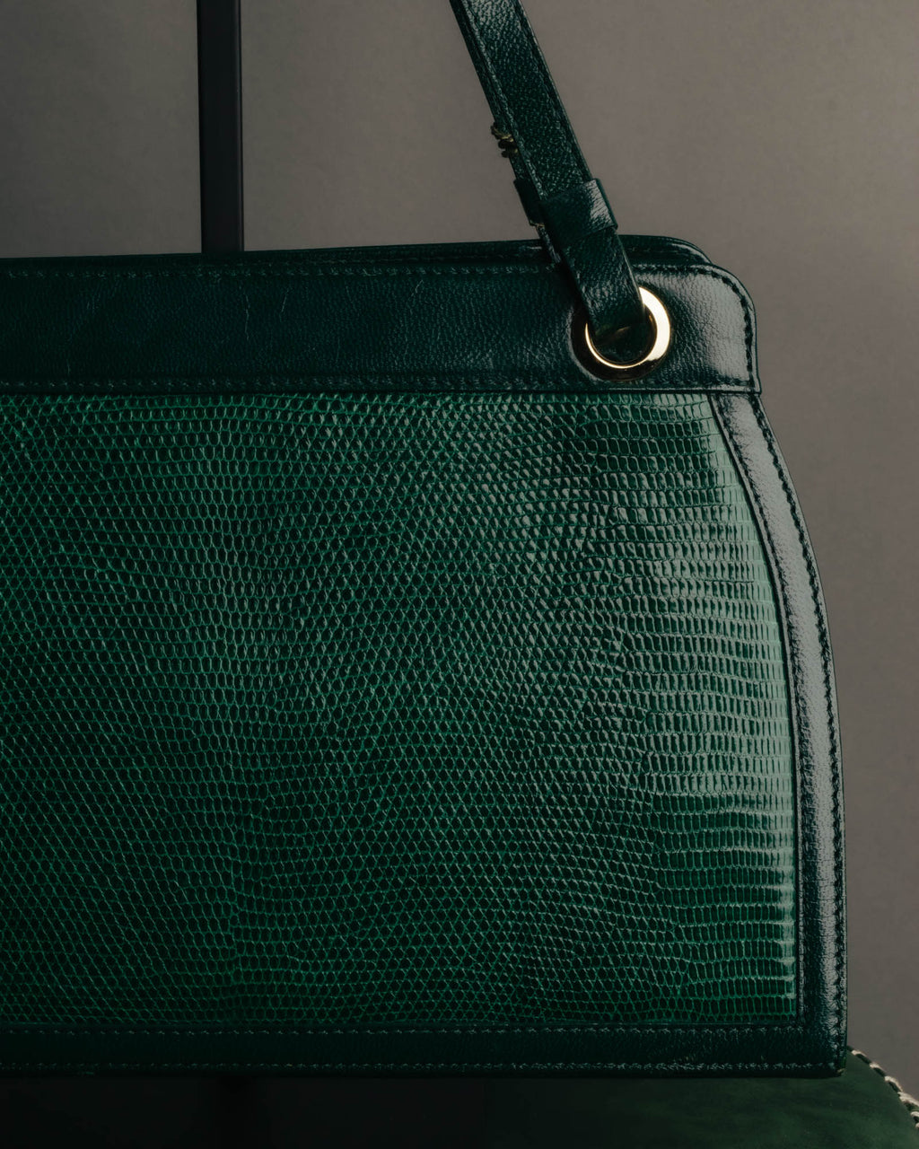 -SPECIAL- "Yves Saint Laurent" 80's-90's Glossy green exotic leather shoulder handbag