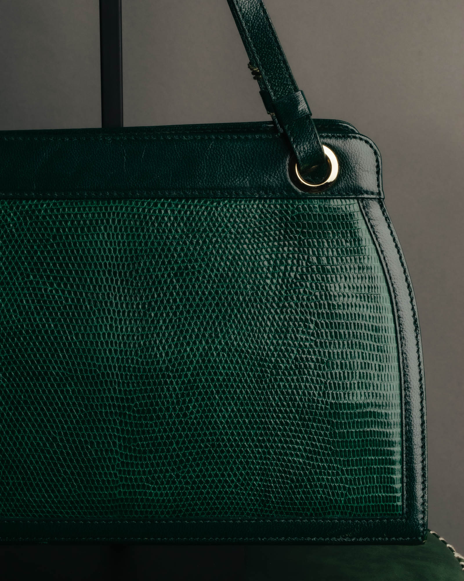 -SPECIAL- "Yves Saint Laurent" 80's-90's Glossy green exotic leather shoulder handbag